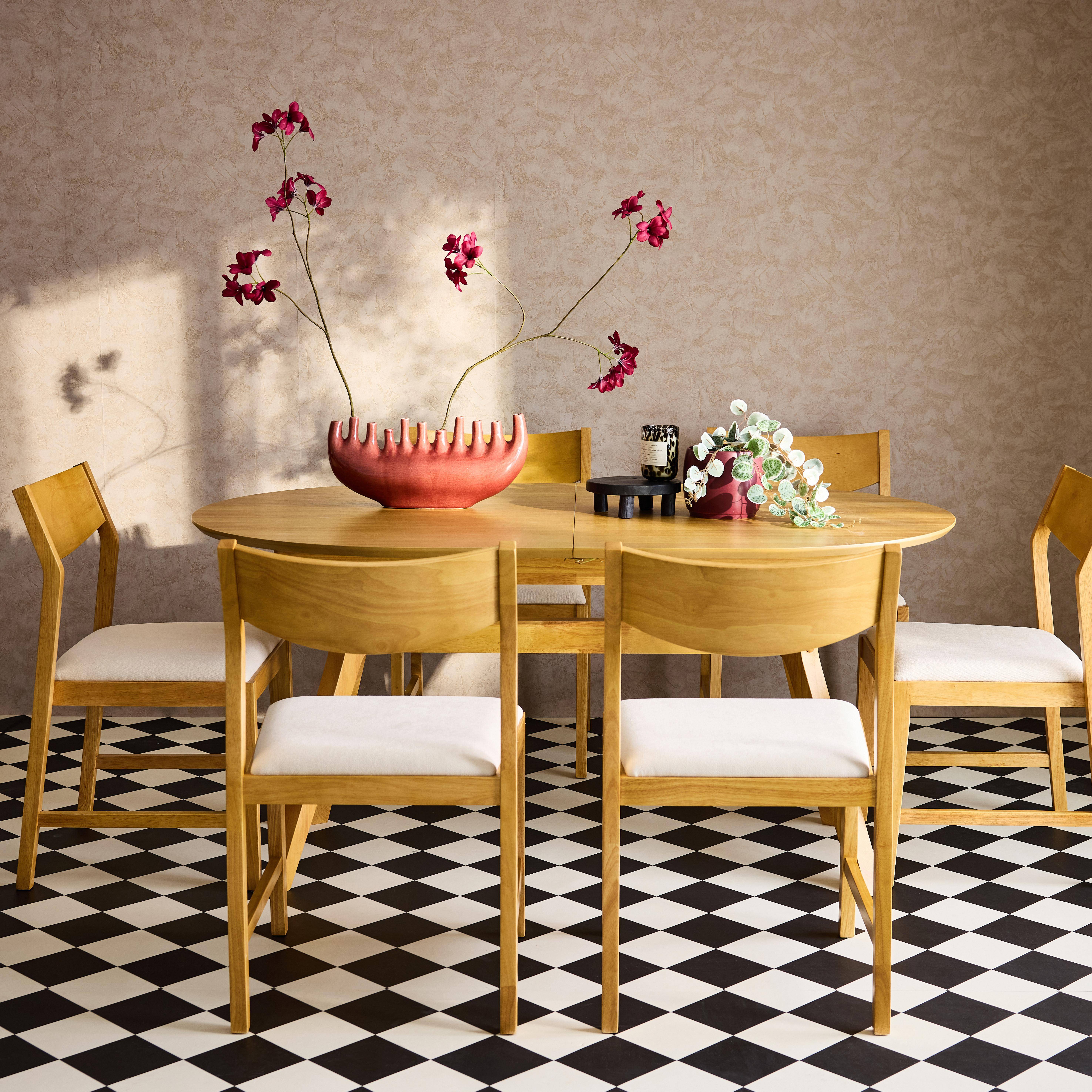 Uitschuifbare ovale eettafel, 160-200 cm + 6 stoelen van heveahout en beige stof Photo1
