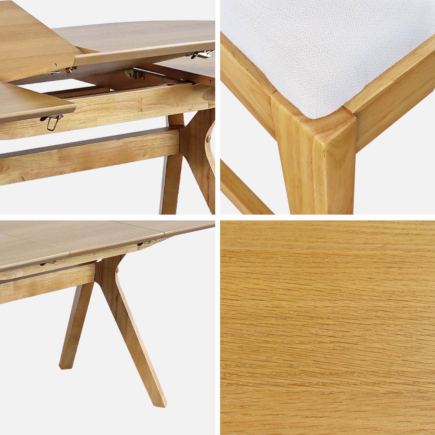Uitschuifbare ovale eettafel, 160-200 cm + 6 stoelen van heveahout en beige stof Photo5