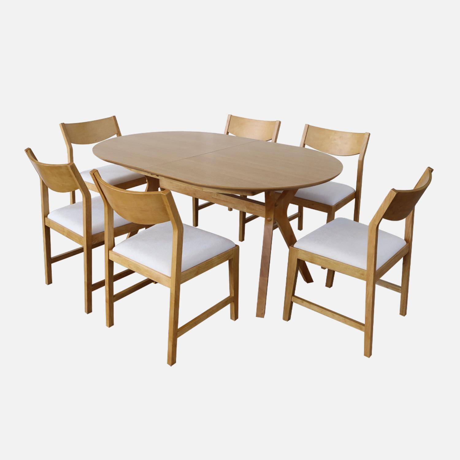 Uitschuifbare ovale eettafel, 160-200 cm + 6 stoelen van heveahout en beige stof Photo3