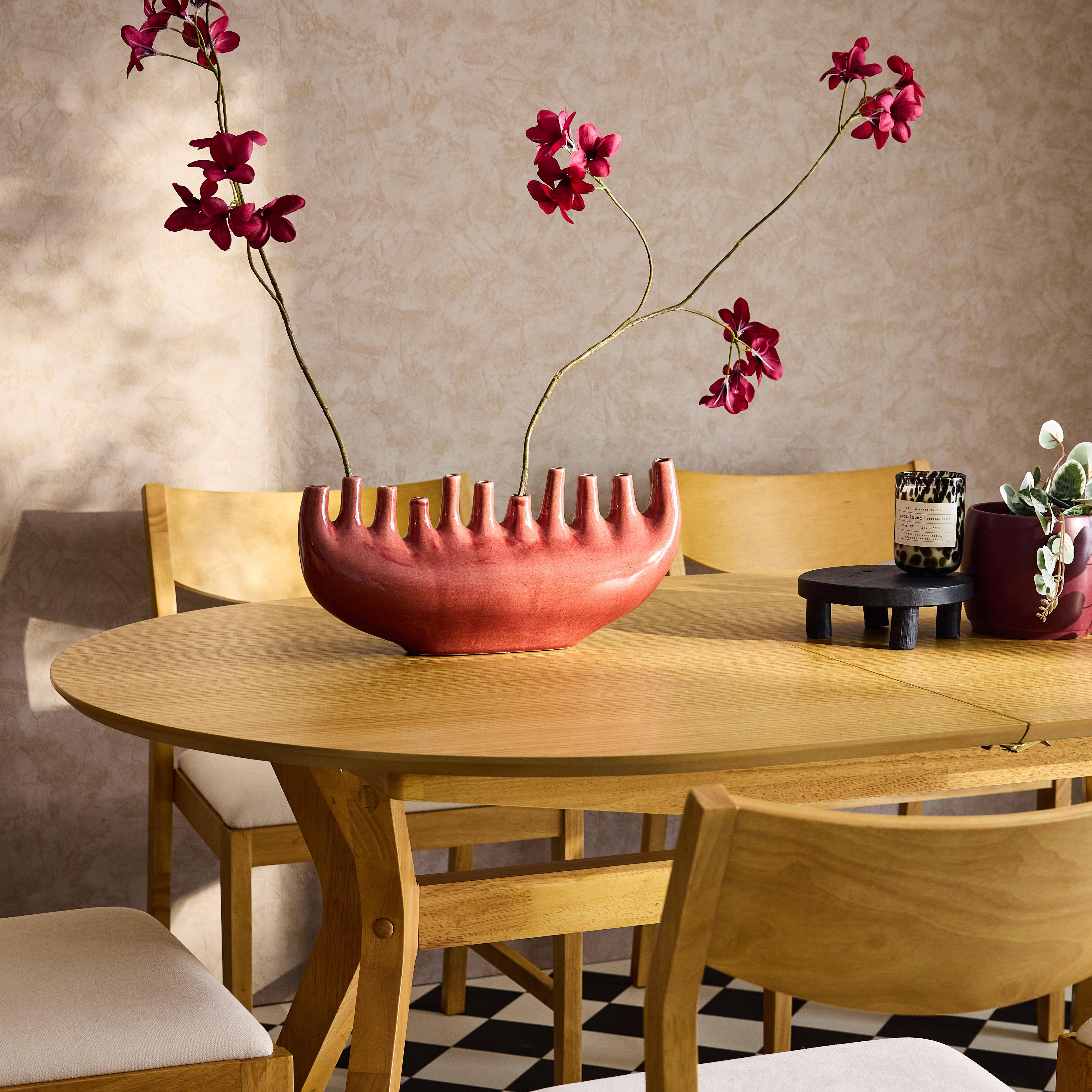 Uitschuifbare ovale eettafel, 160-200 cm + 6 stoelen van heveahout en beige stof Photo2