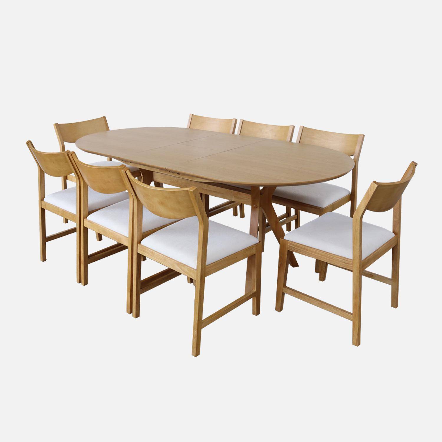 Uitschuifbare ovale eettafel, 160-200 cm + 8 stoelen van heveahout en beige stof Photo1