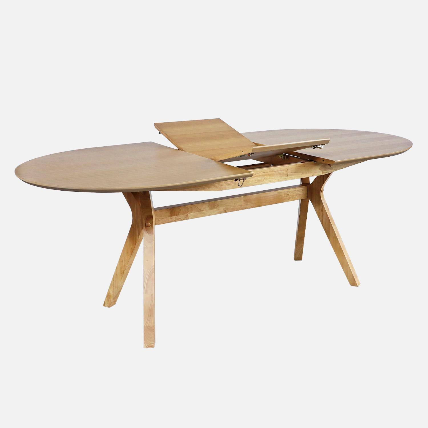 Uitschuifbare ovale eettafel, 160-200 cm + 8 stoelen van heveahout en beige stof,sweeek,Photo3