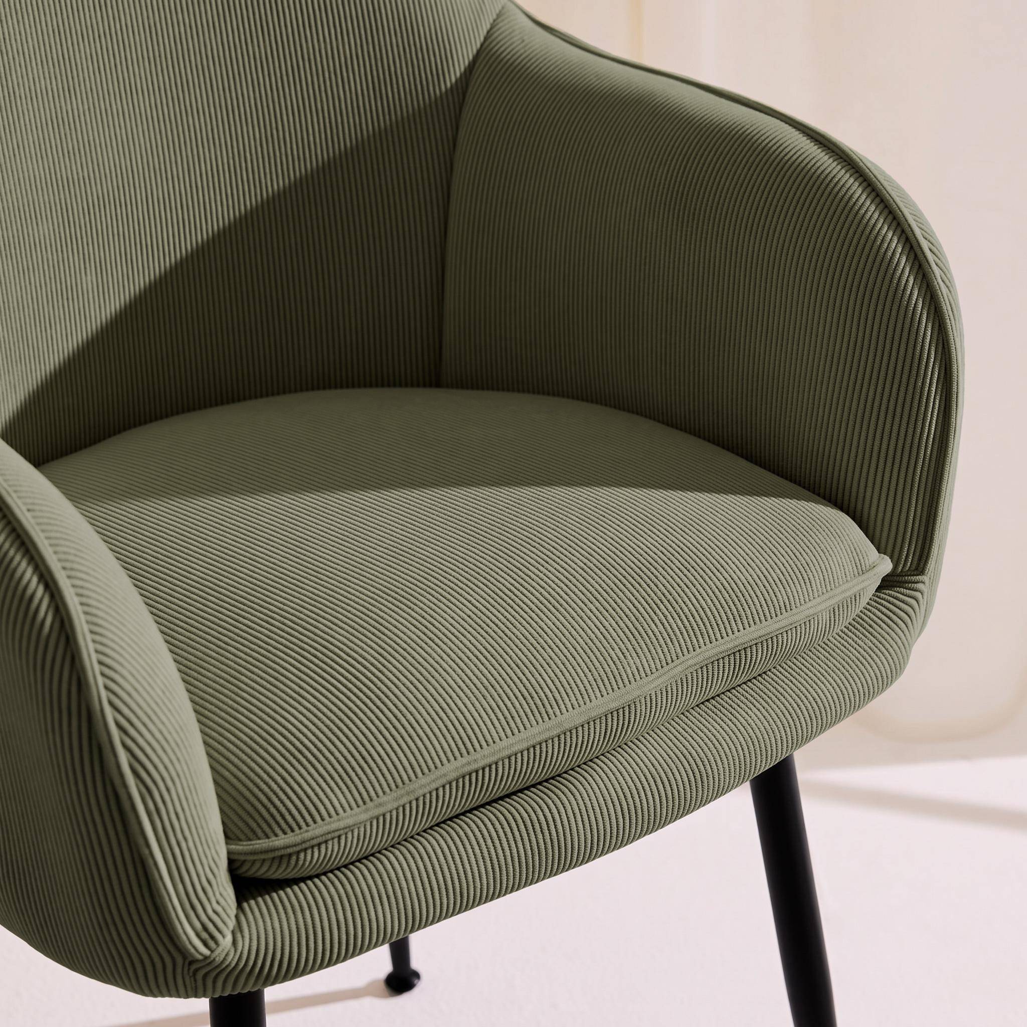 Lot de 4 fauteuils en velours côtelé kaki foncé et pieds en métal noir mat, L 57 x P 59 x H 84,5cm Photo3