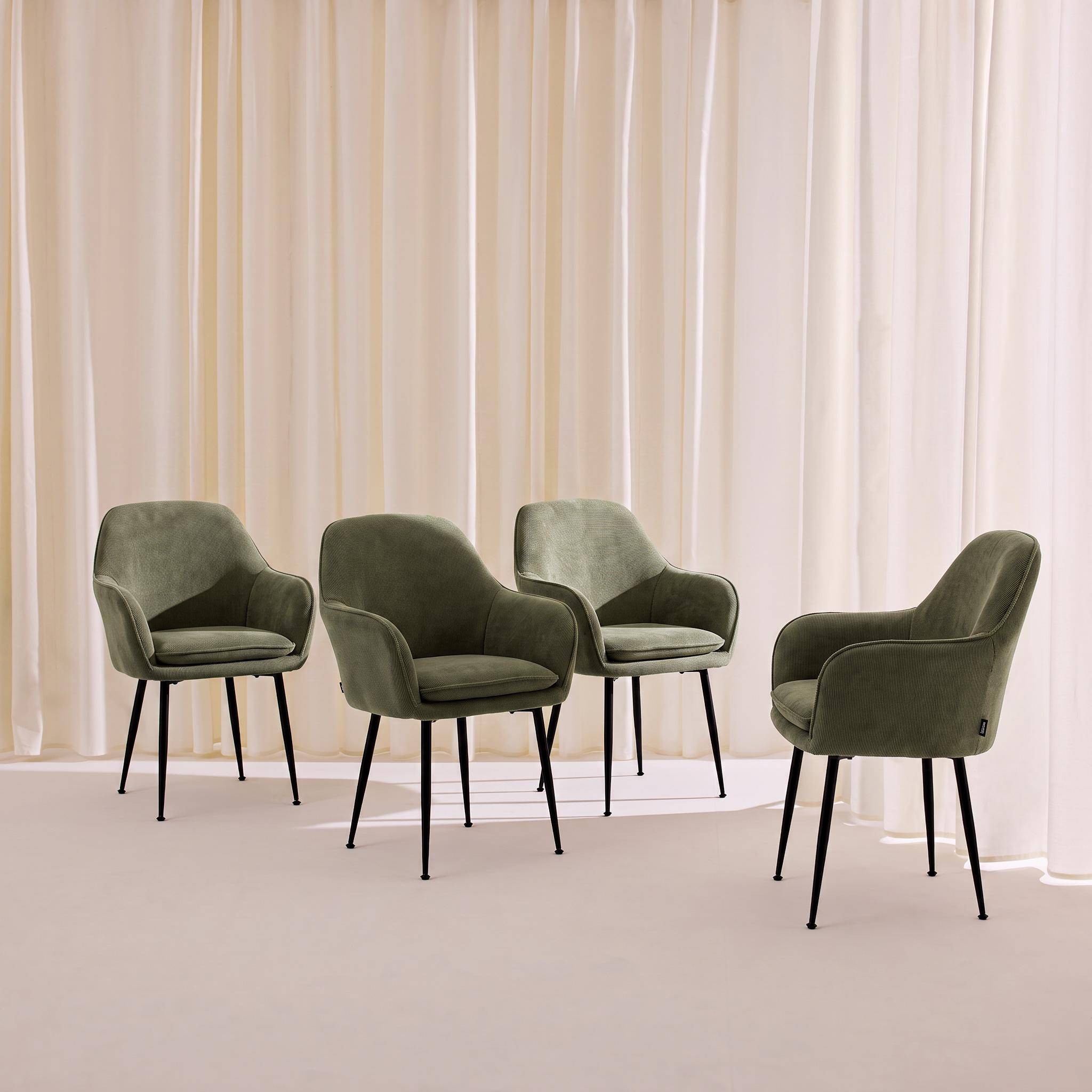 Lot de 4 fauteuils en velours côtelé kaki foncé et pieds en métal noir mat, L 57 x P 59 x H 84,5cm Photo2