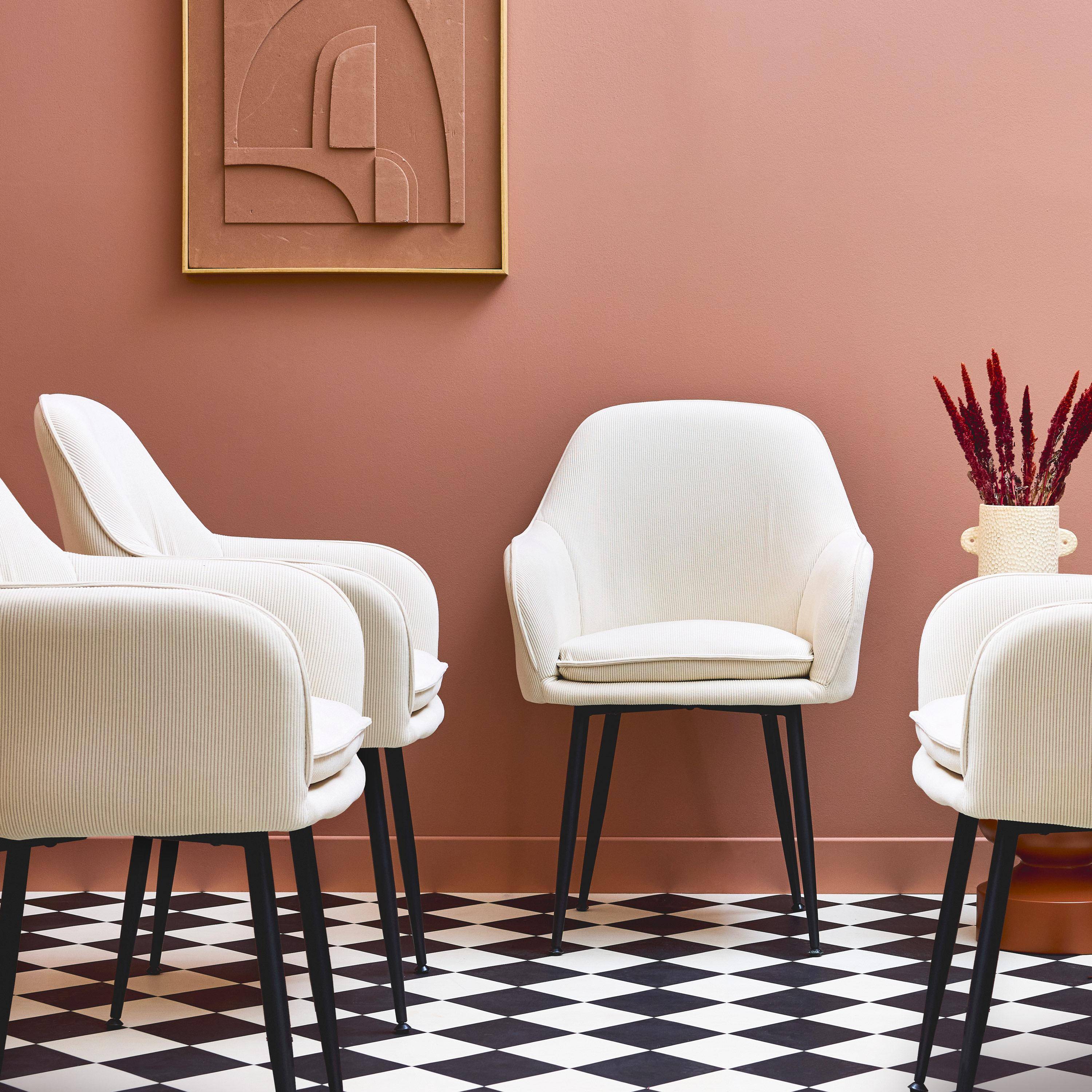 Lot de 4 fauteuils en velours côtelé blanc cassé et pieds en métal noir mat, L 57 x P 59 x H 84,5cm Photo3