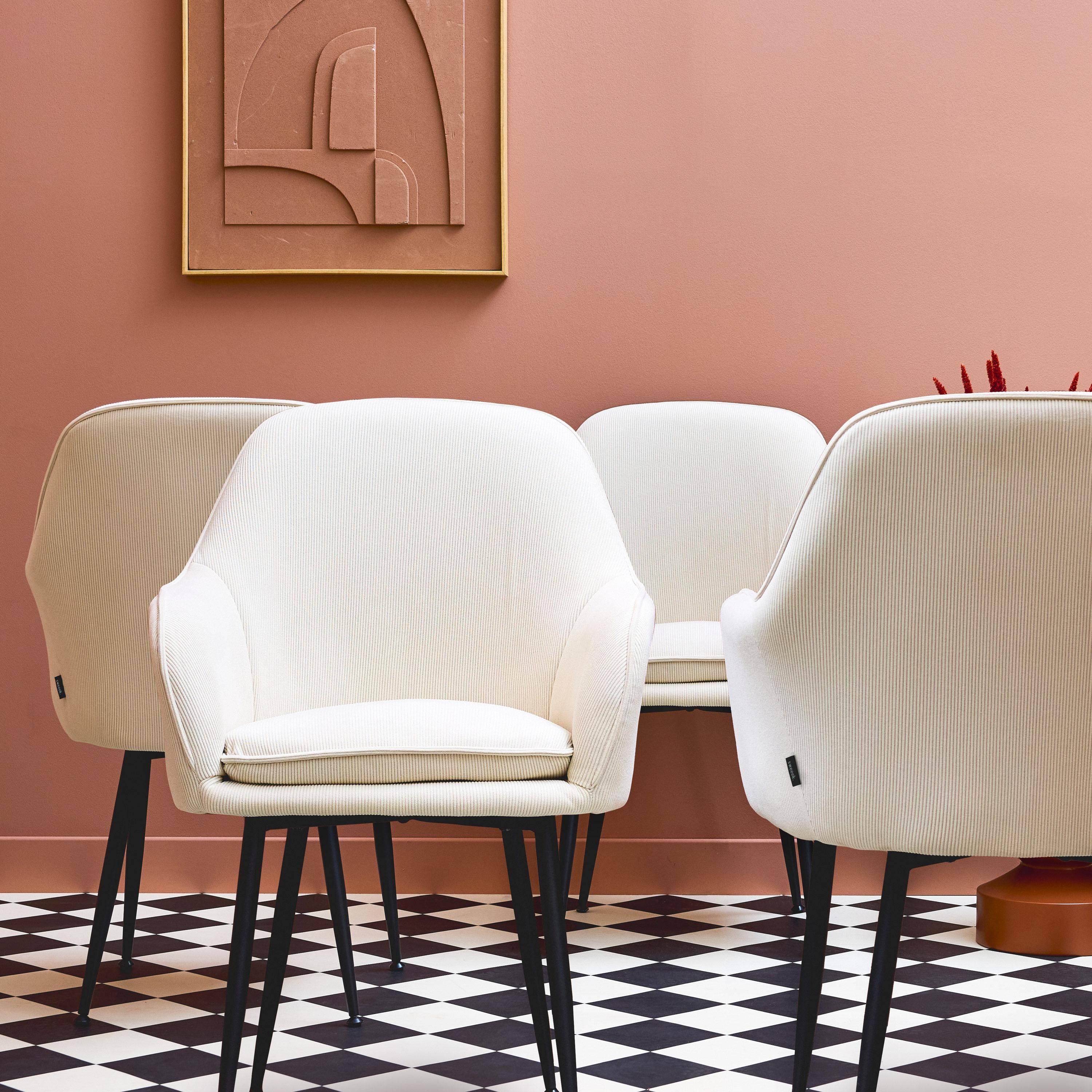Lot de 4 fauteuils en velours côtelé blanc cassé et pieds en métal noir mat, L 57 x P 59 x H 84,5cm Photo2