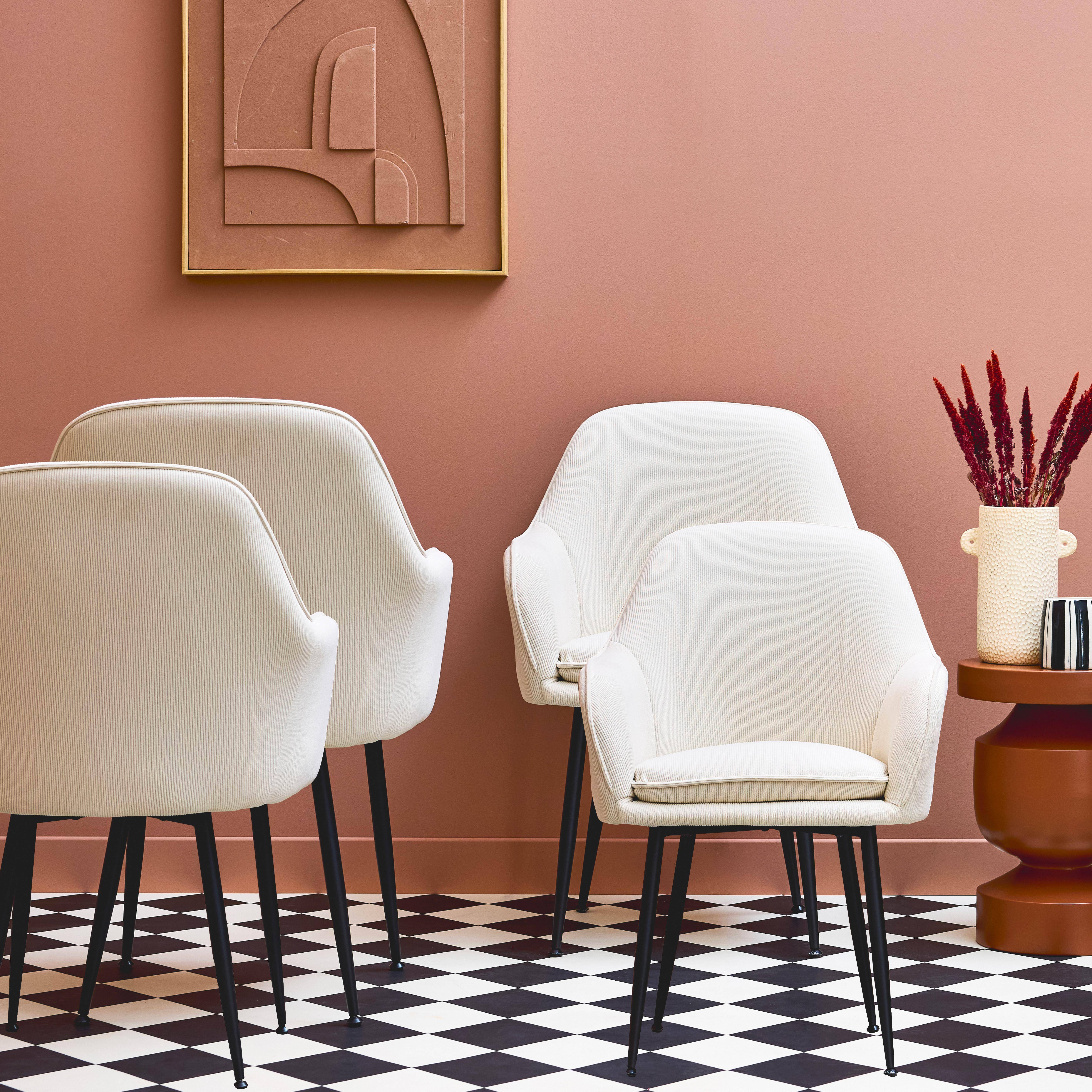 Set di 4 poltrone in velluto a coste con gambe in metallo nero opaco, Shella, Bianco sporco, 57x59x84.5 cm,sweeek,Photo2