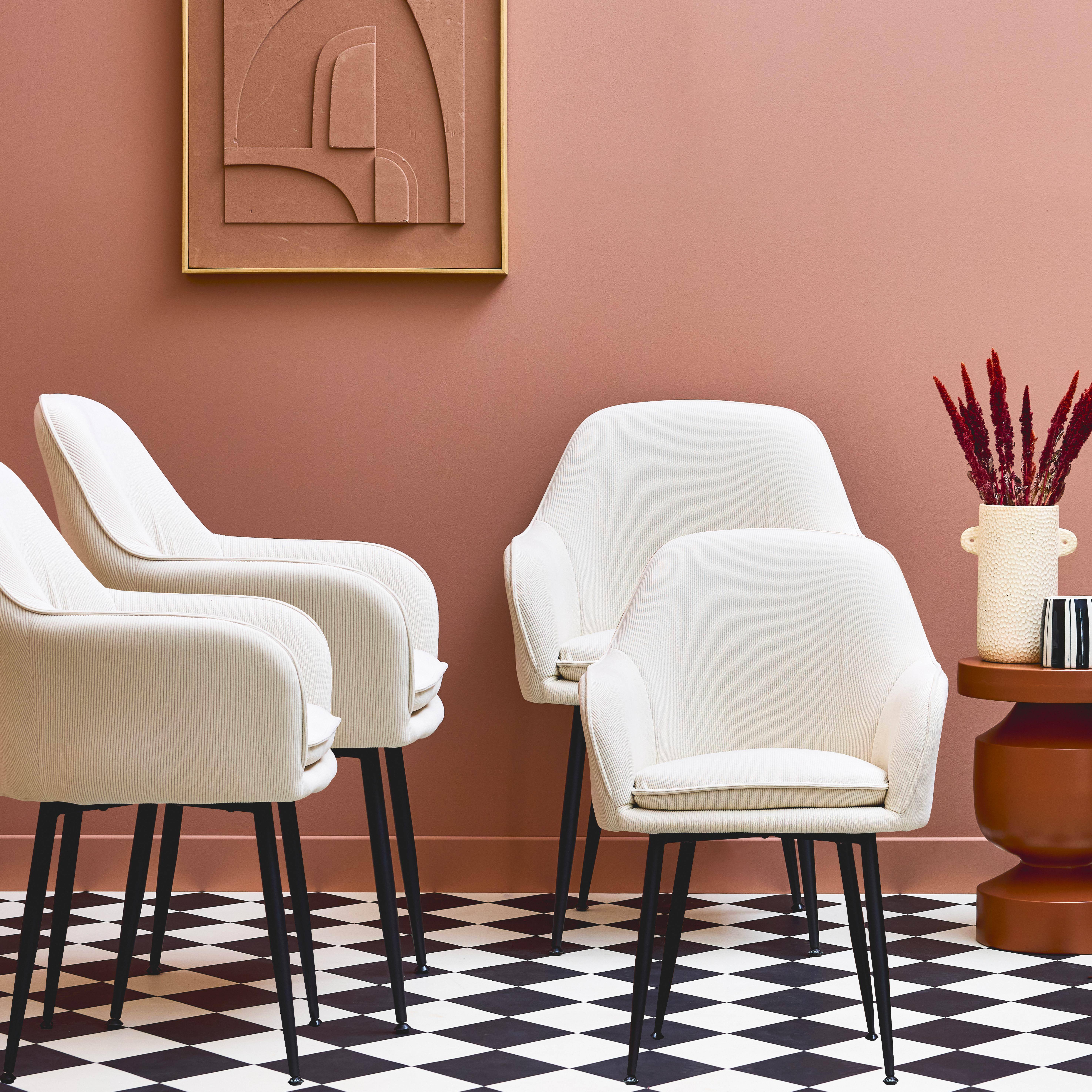 Set di 4 poltrone in velluto a coste con gambe in metallo nero opaco, Shella, Bianco sporco, 57x59x84.5 cm,sweeek,Photo1