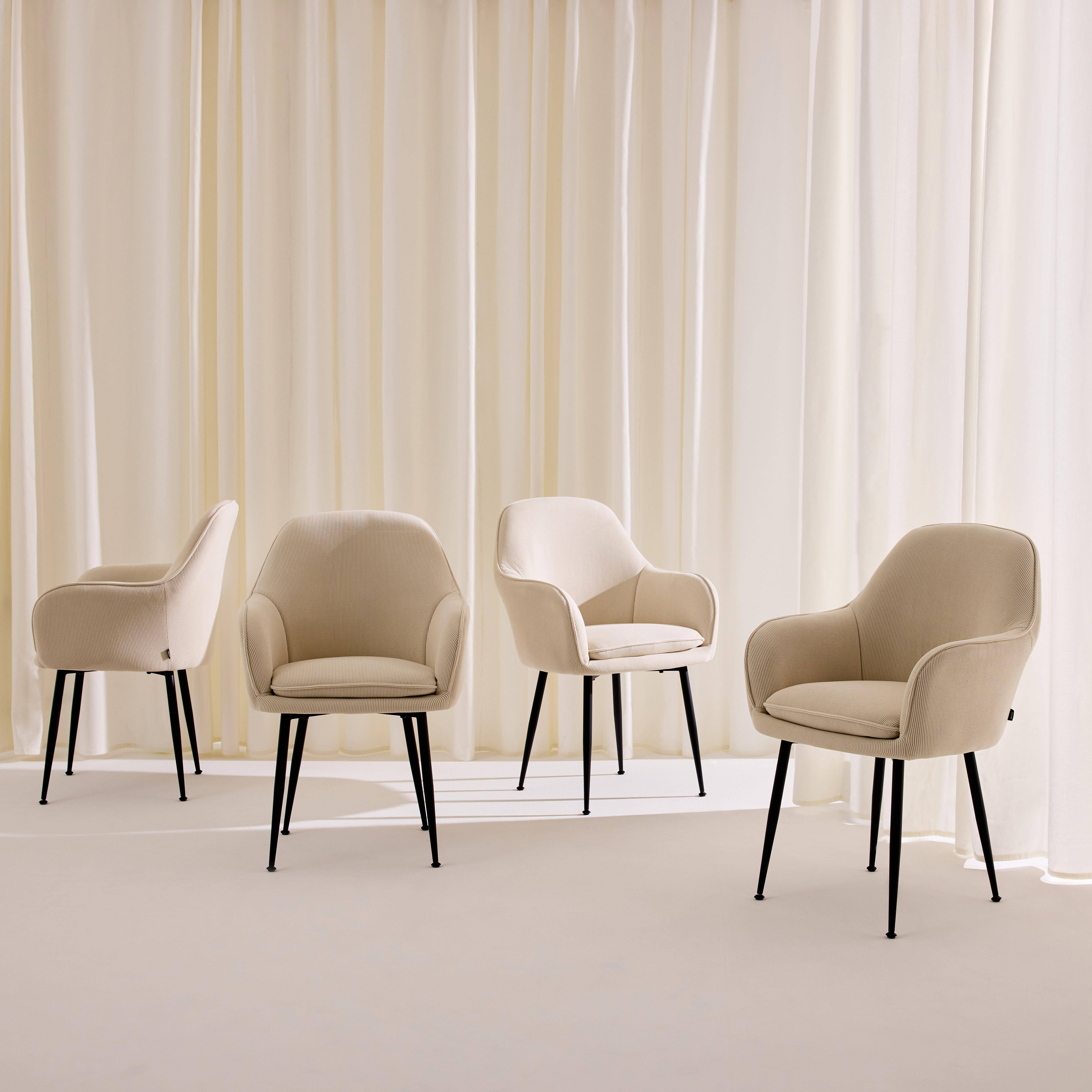 Lot de 4 fauteuils en velours côtelé blanc cassé et pieds en métal noir mat, L 57 x P 59 x H 84,5cm,sweeek,Photo1