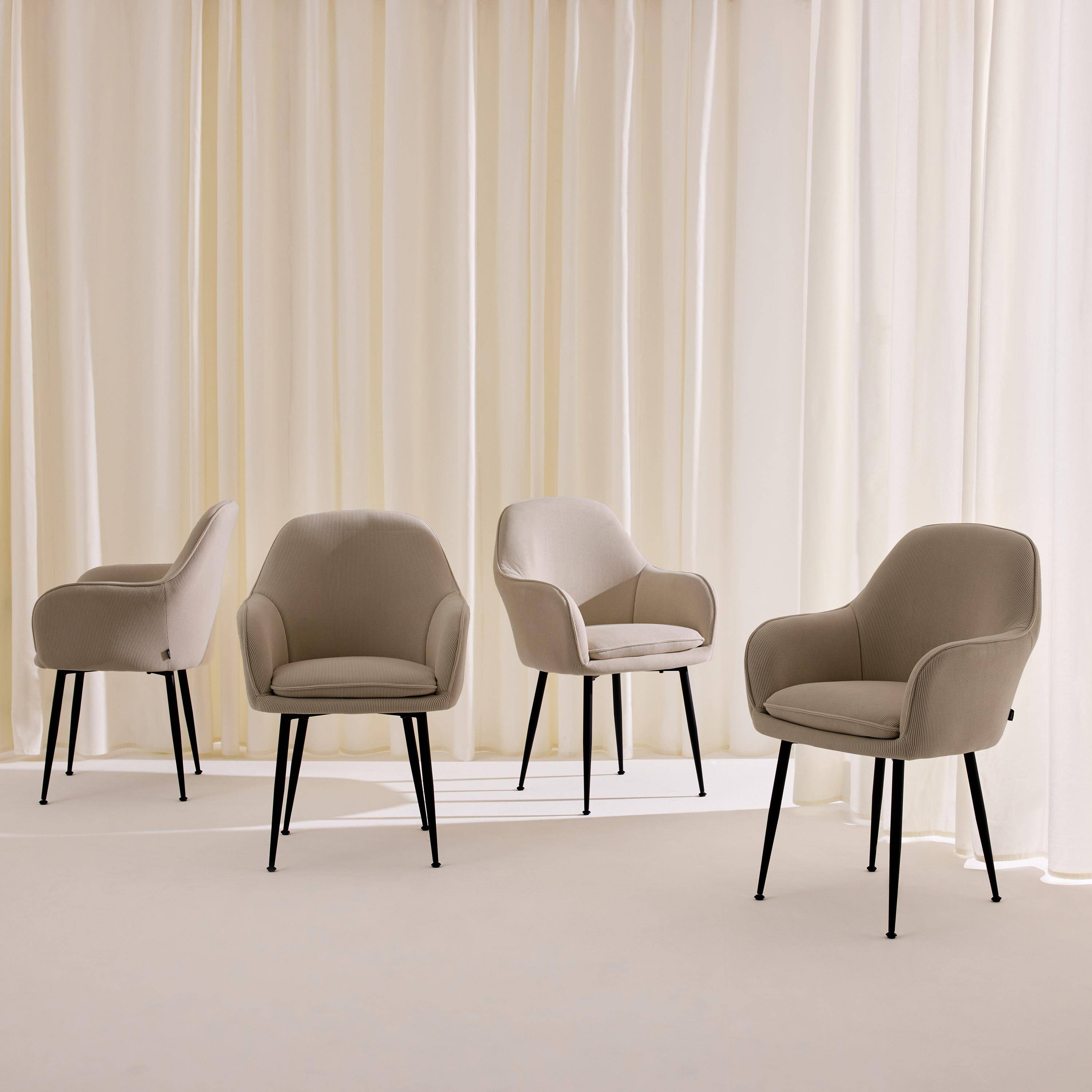 Lot de 4 fauteuils en velours côtelé taupe et pieds en métal noir mat, L 57 x P 59 x H 84,5cm,sweeek,Photo1