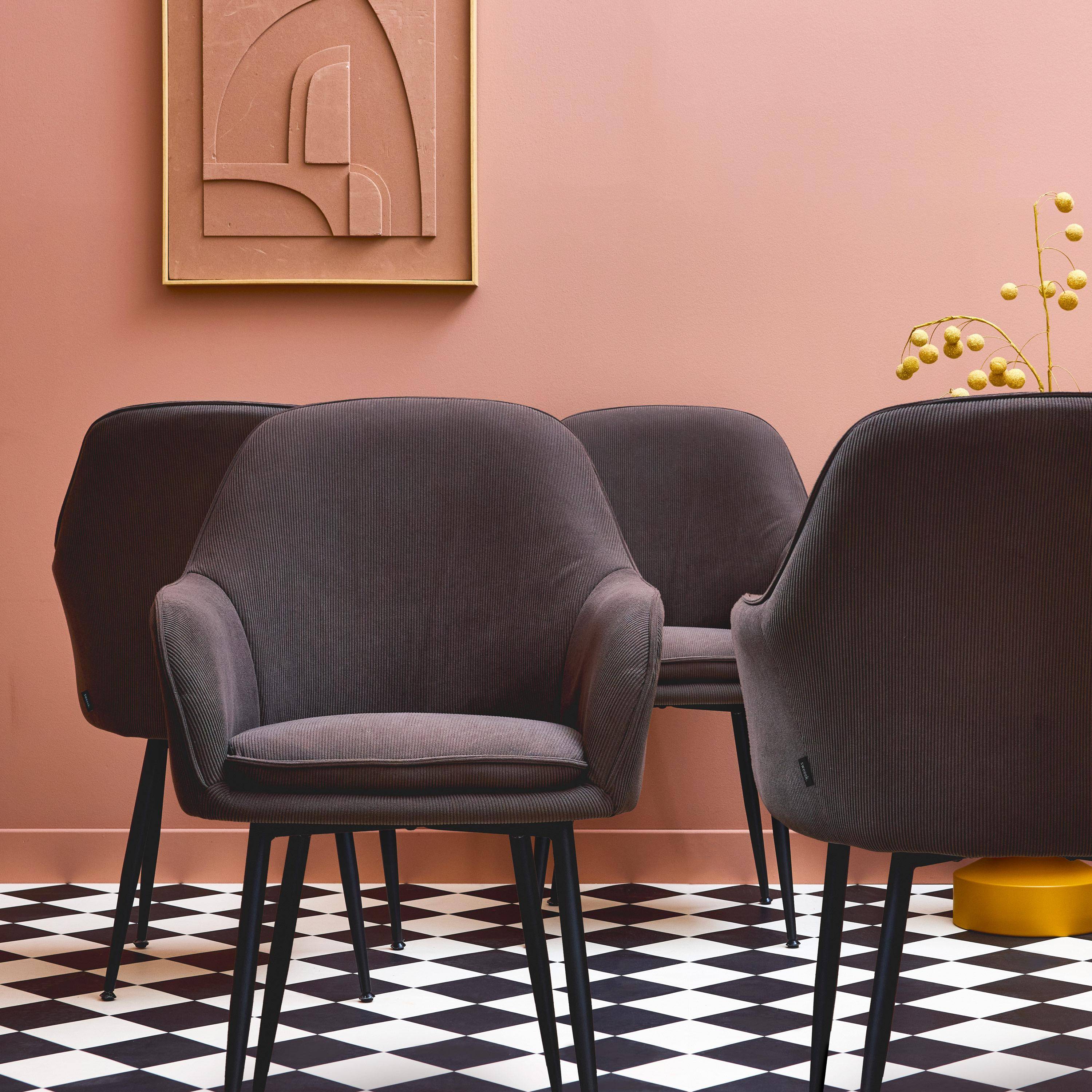 Set van 4 donkergrijze corduroy fauteuils met matzwarte metalen poten, B 57 x D 59 x H 84,5cm Photo2