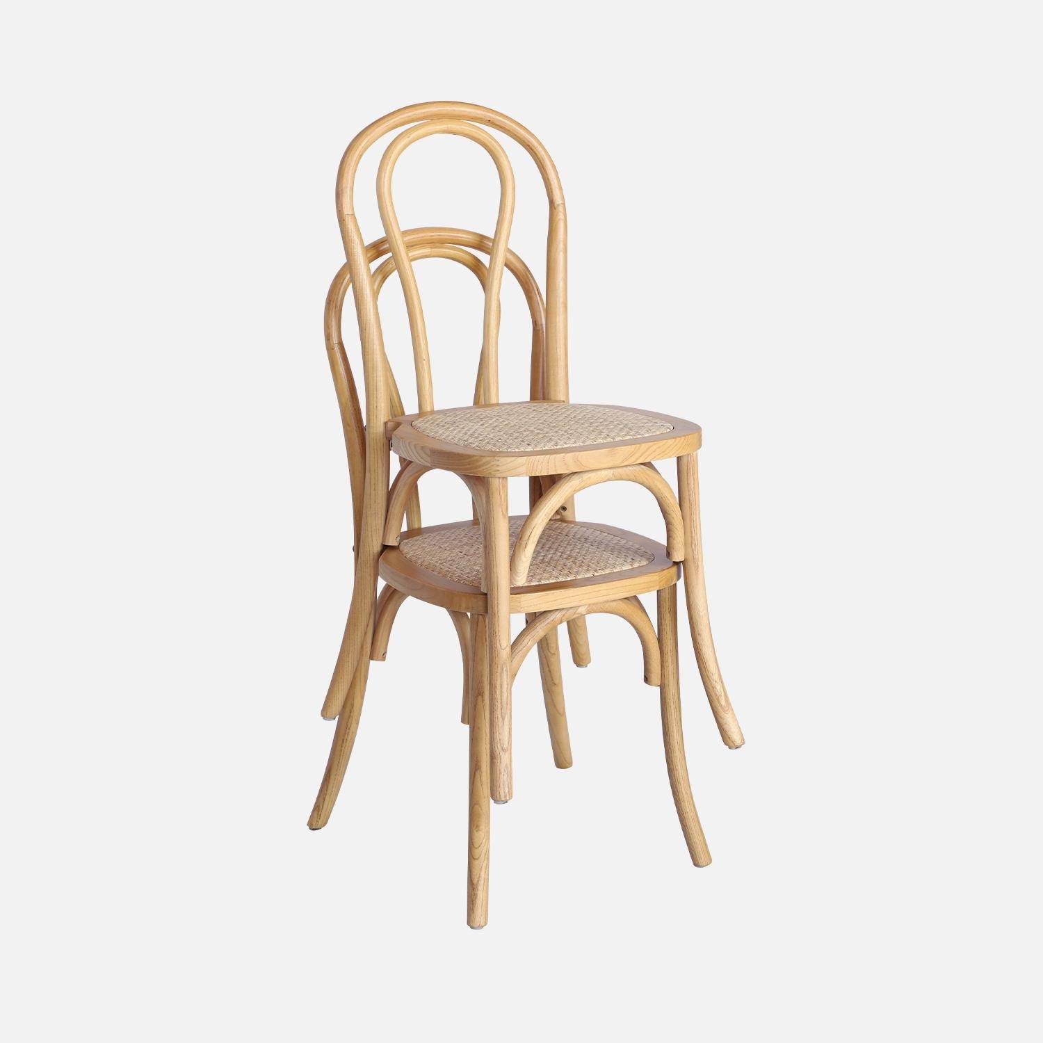 Set van 4 vintage houten stoelen met rotan zitting en afgeronde rugleuning, natuurlijke houtkleur, L 48 x D 49,5 x H 90cm. Photo5
