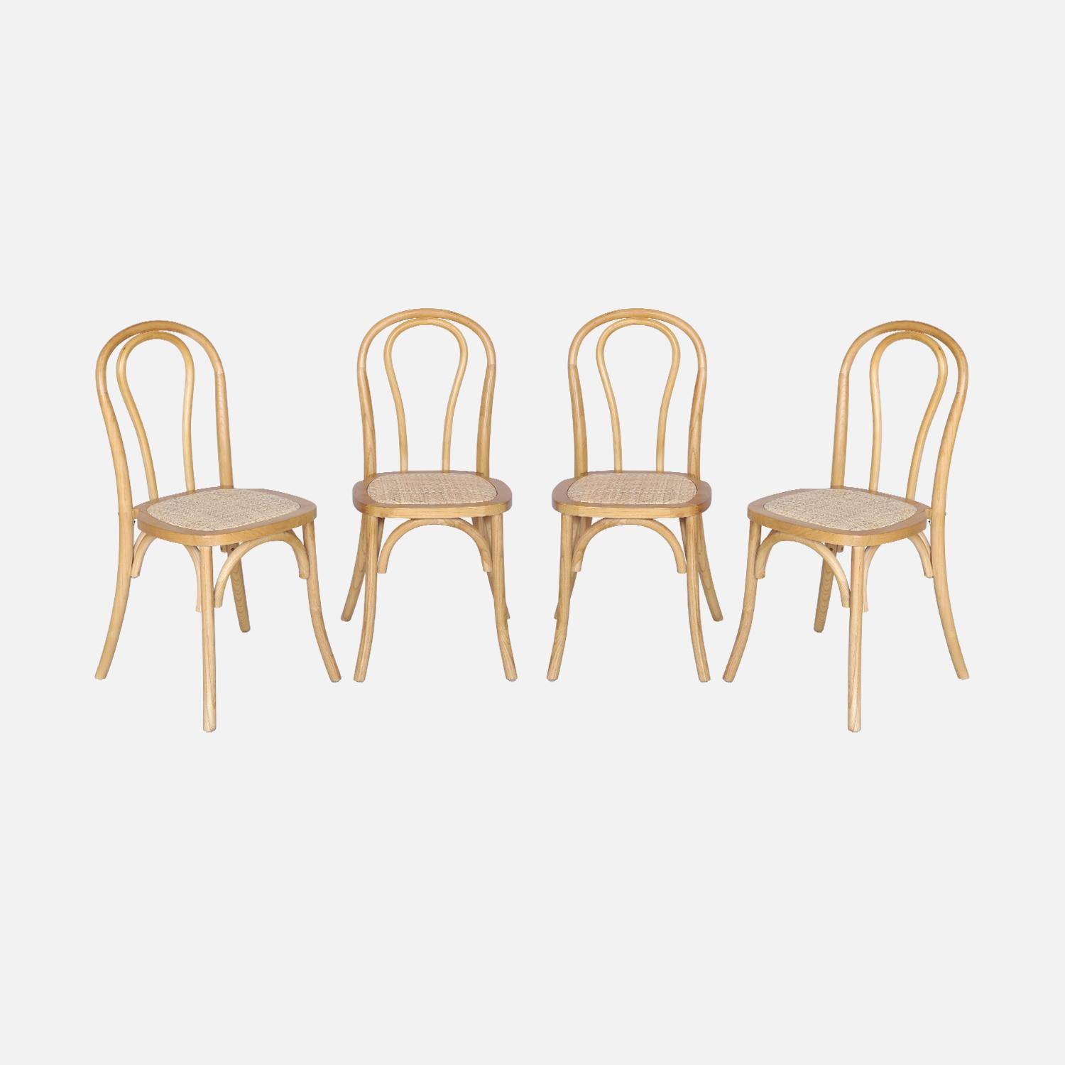 Set van 4 vintage houten stoelen met rotan zitting en afgeronde rugleuning, natuurlijke houtkleur, L 48 x D 49,5 x H 90cm. Photo2
