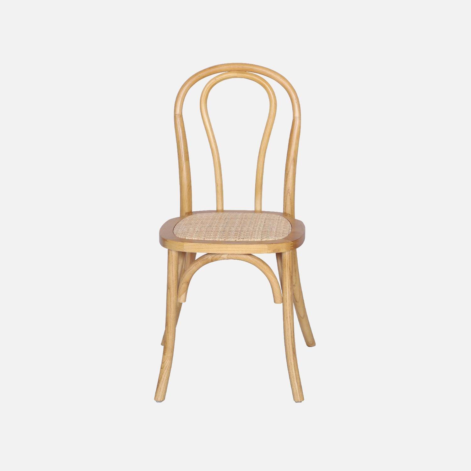 Set van 4 vintage houten stoelen met rotan zitting en afgeronde rugleuning, natuurlijke houtkleur, L 48 x D 49,5 x H 90cm. Photo3