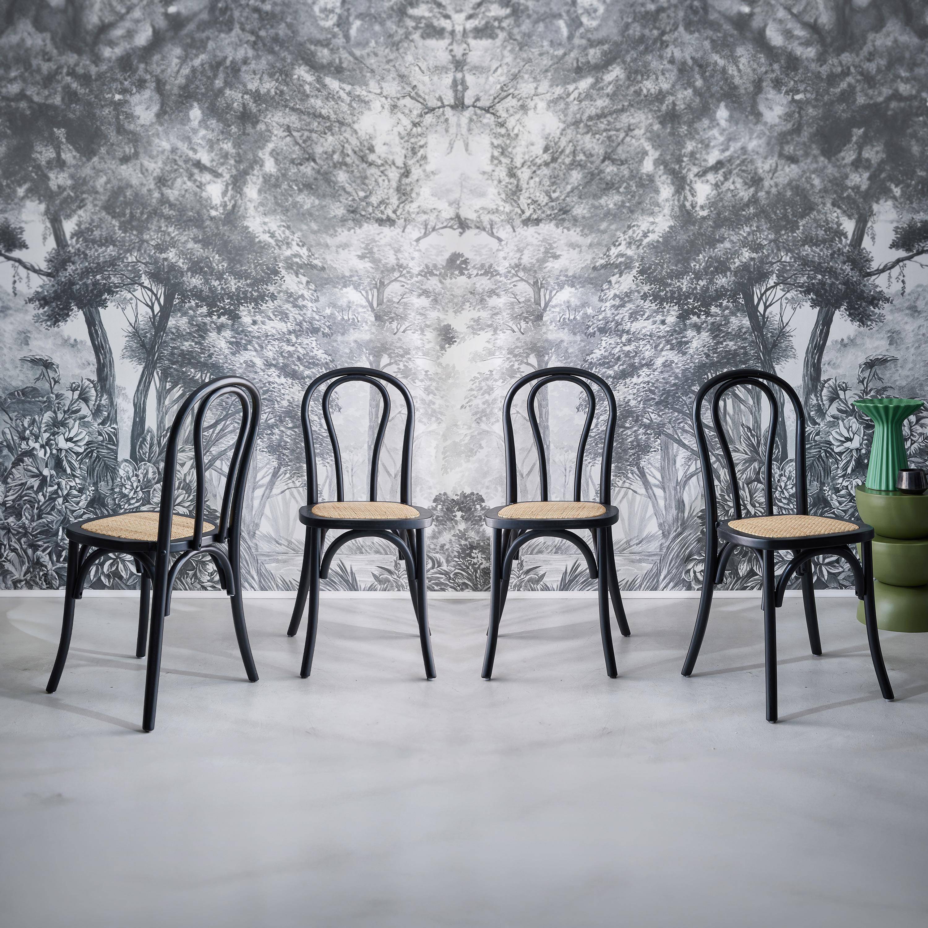 Set di 4 sedie in legno e rattan con schienale arrotondato, Bastille, Nero, 48x49.5x90 cm Photo1