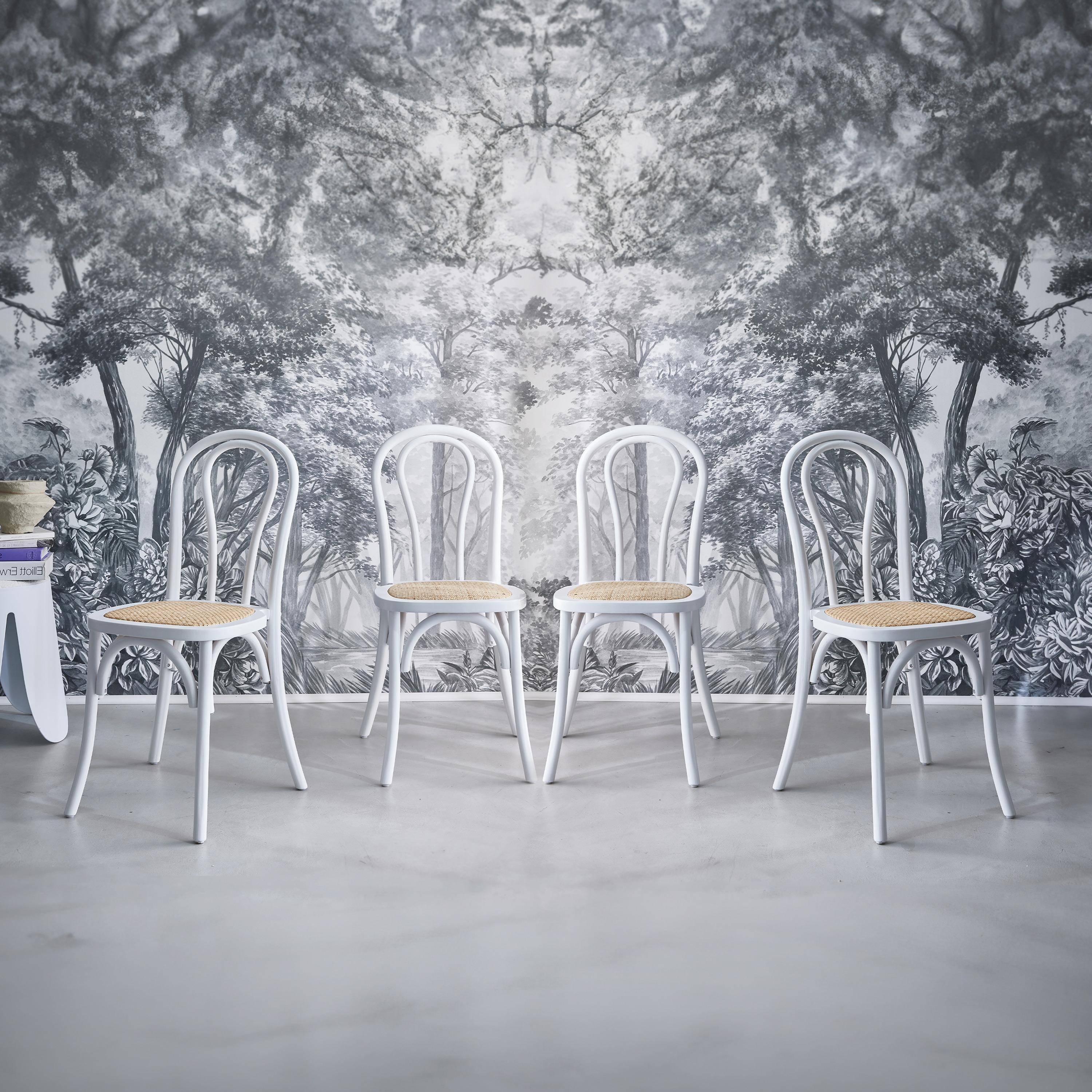 Set di 4 sedie in legno e rattan con schienale arrotondato, Bastille, Bianco, 48x49.5x90 cm,sweeek,Photo1