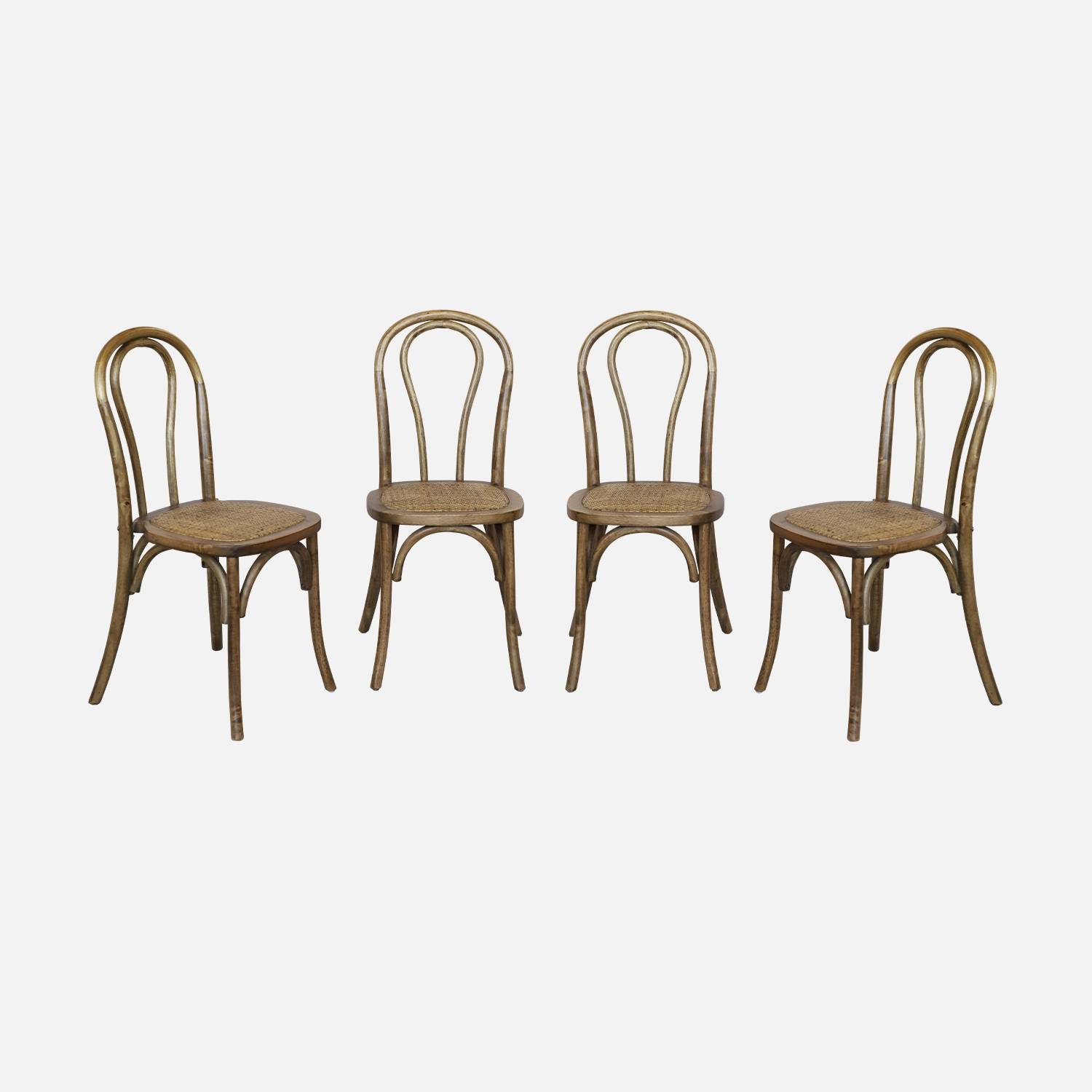 Lot de 4 chaises vintage en bois avec assise en rotin, marron vieilli | sweeek