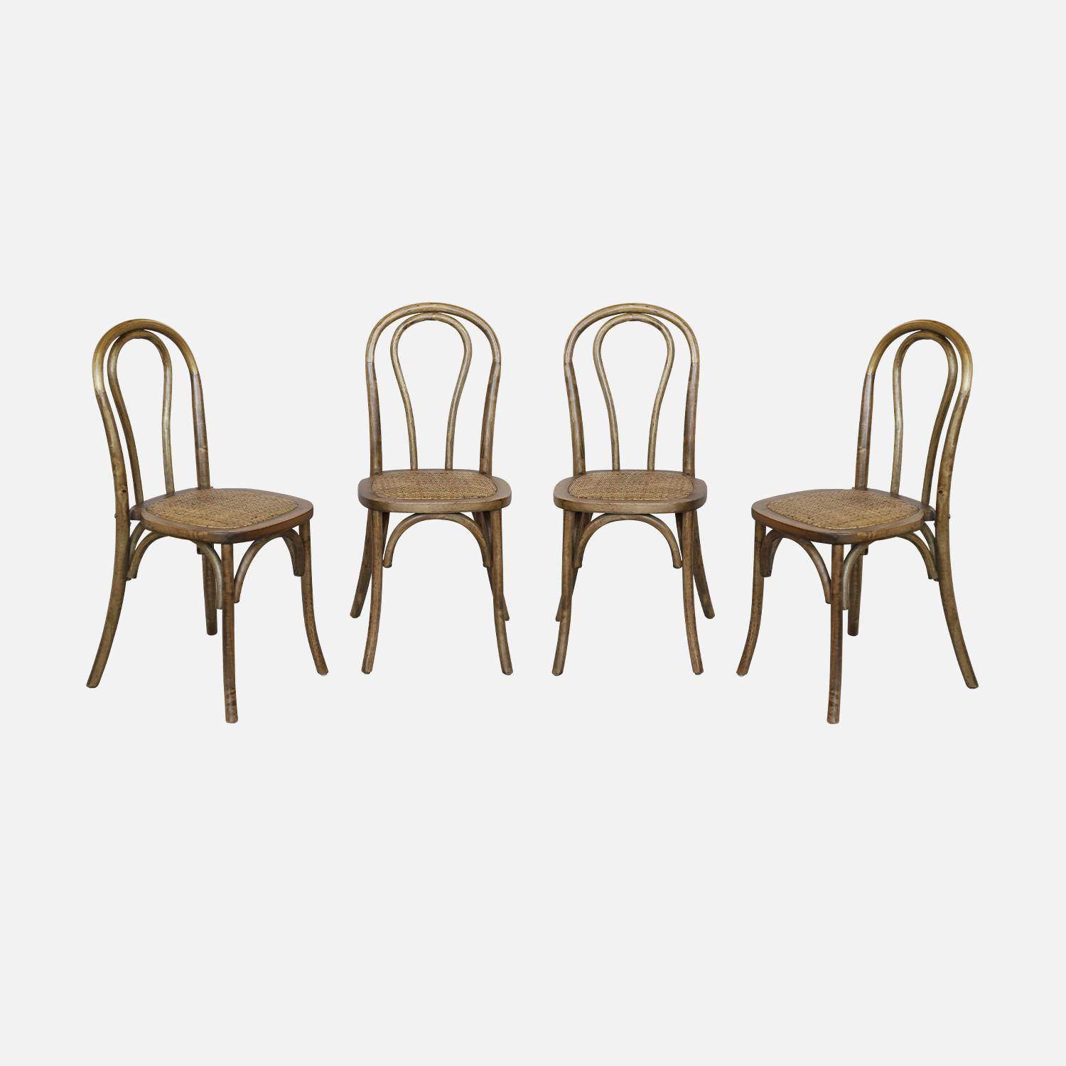 Lot de 4 chaises vintage en bois avec assise en rotin et dossier arrondi, coloris marron vieilli, L 48 x P 49,5 x H 90cm Photo2