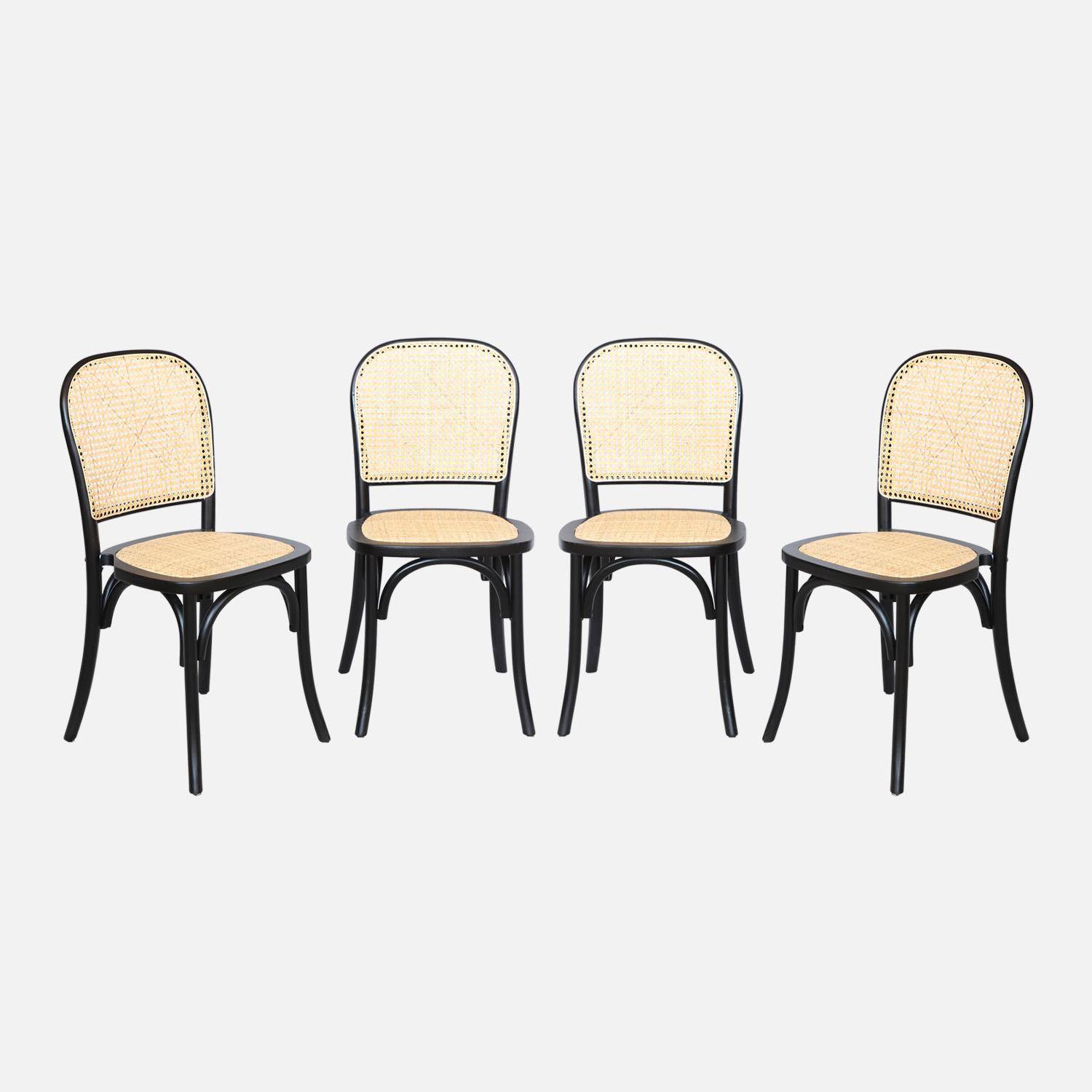 Lot de 4 chaises vintage en bois d'hévéa avec assise et dossier en rotin, coloris noir, L 44,5 x P 48 x H 89,5cm Photo2