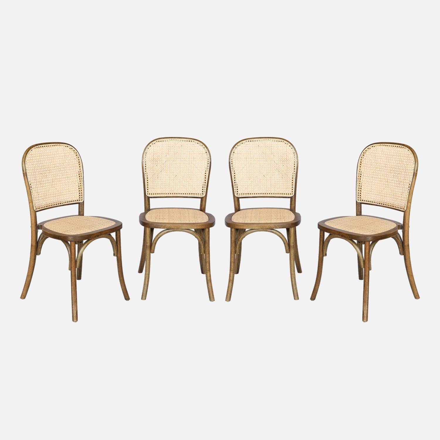 Lot de 4 chaises vintage en bois et rotin, marron vieilli| sweeek