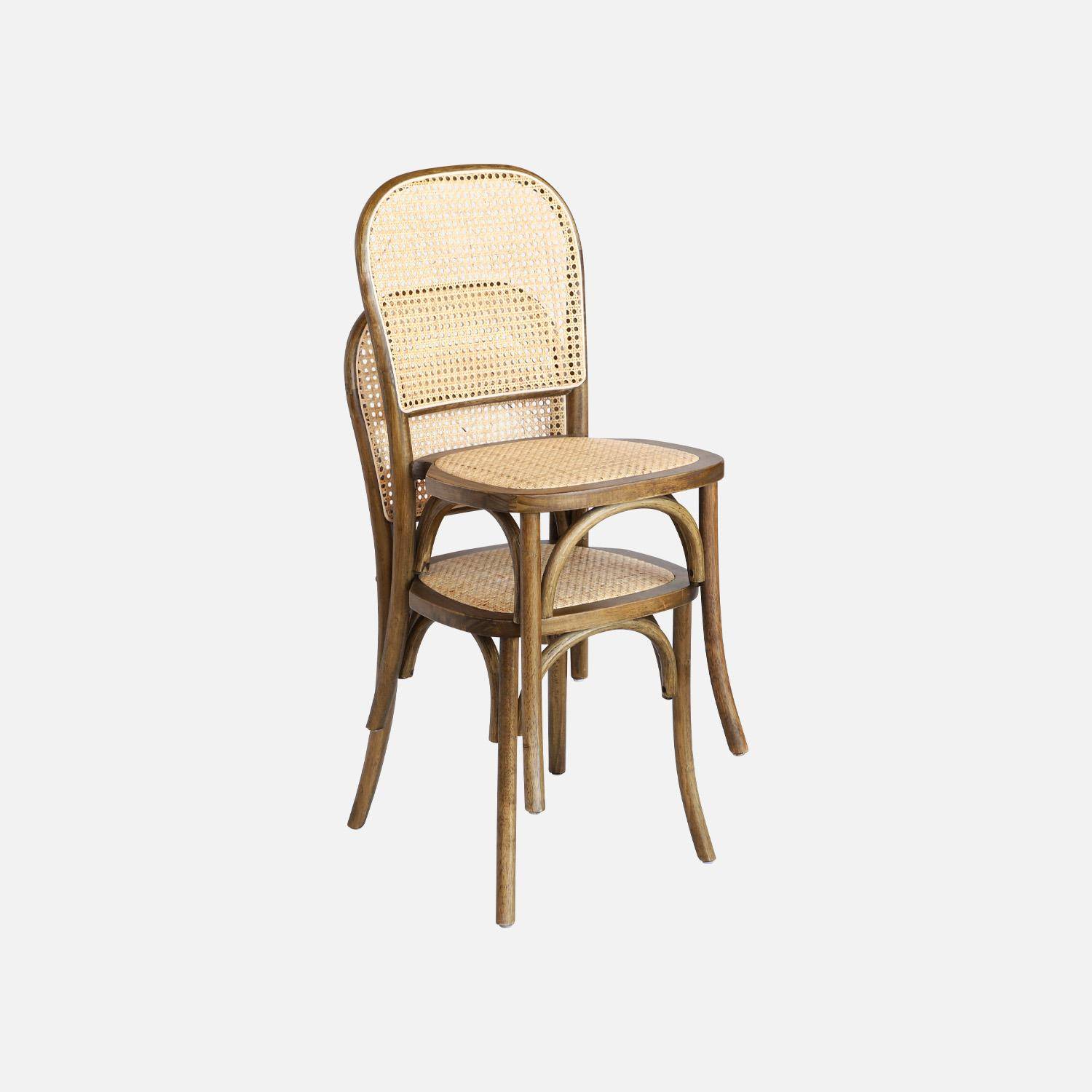 Set van 4 vintage houten stoelen met zitting en rugleuning van rotan, verouderde bruine kleur, L 44,5 x D 48 x H 89,5 cm. Photo5