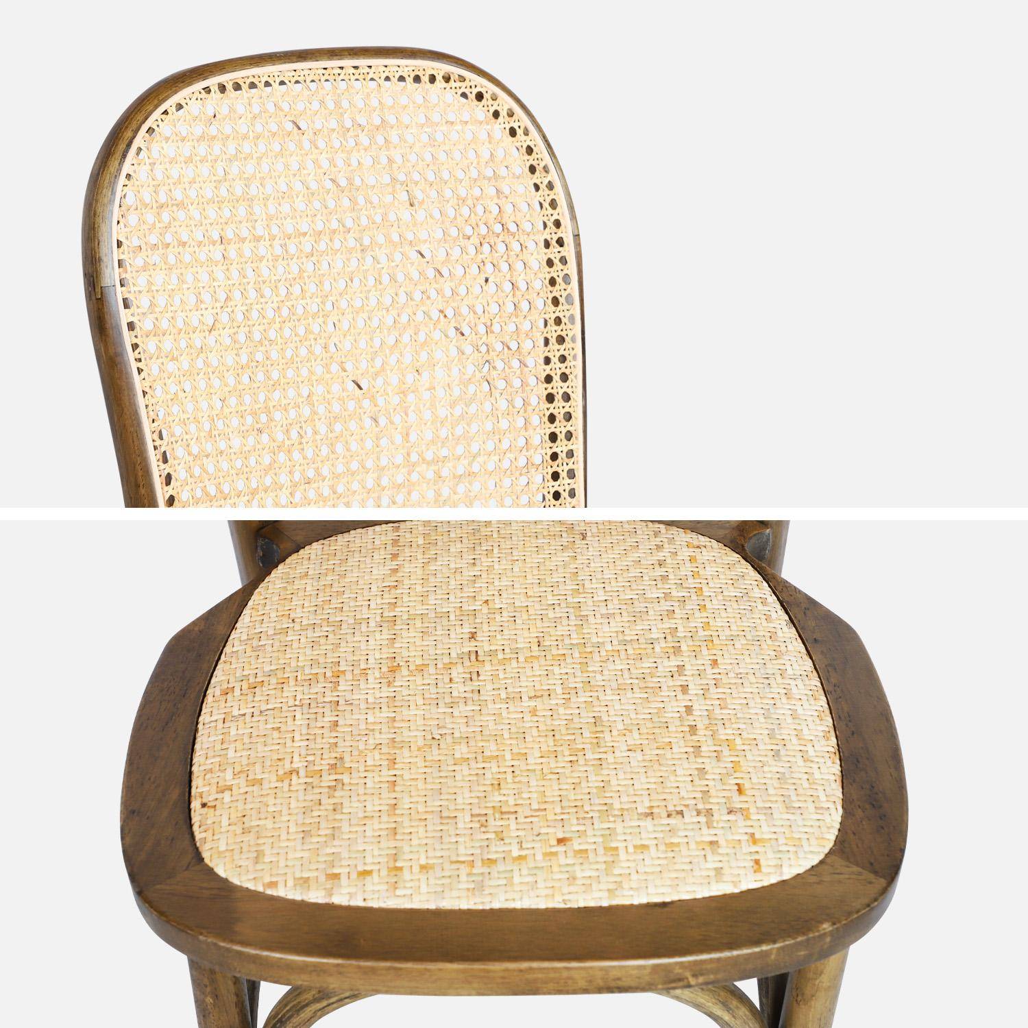 Set van 4 vintage houten stoelen met zitting en rugleuning van rotan, verouderde bruine kleur, L 44,5 x D 48 x H 89,5 cm. Photo6