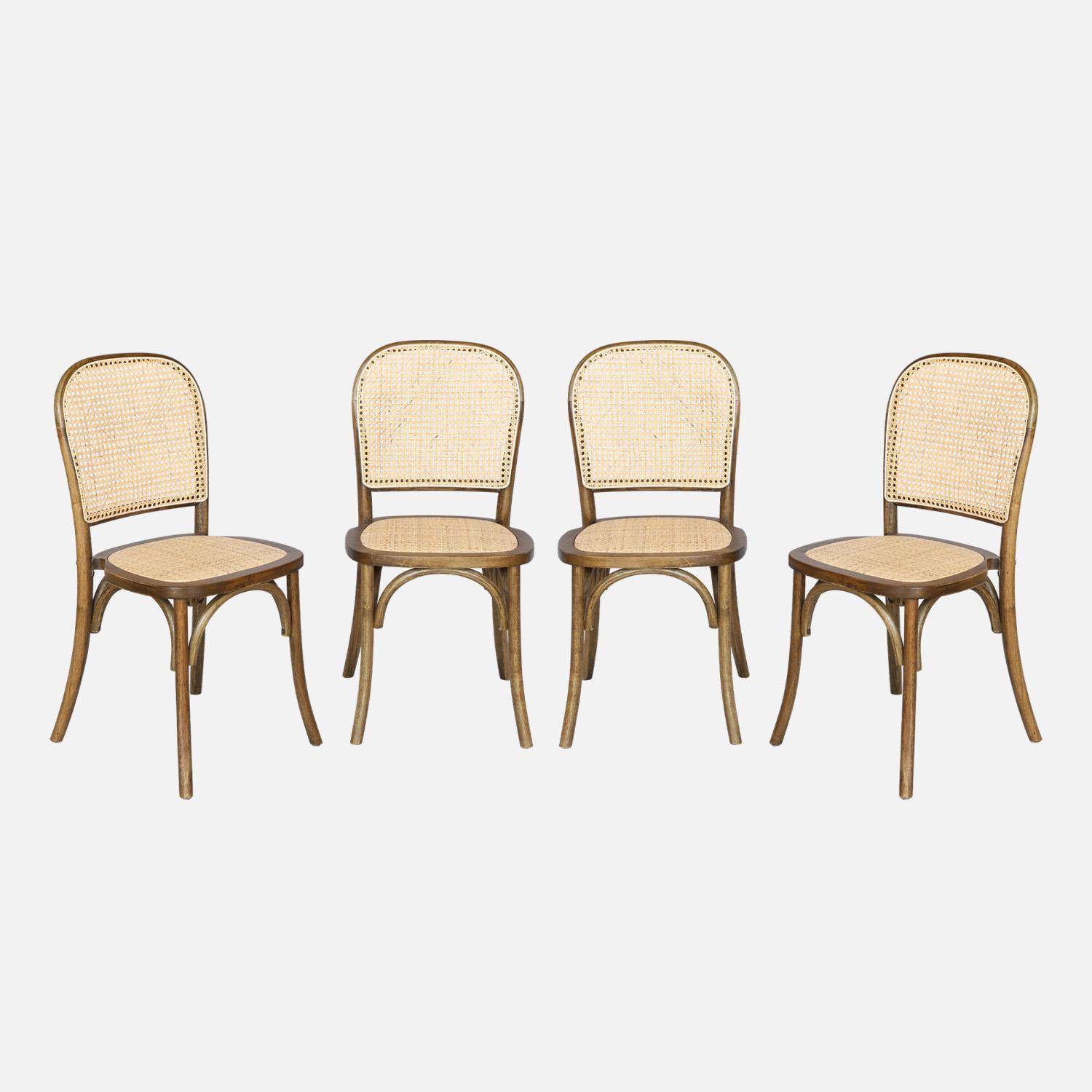 Set van 4 vintage houten stoelen met zitting en rugleuning van rotan, verouderde bruine kleur, L 44,5 x D 48 x H 89,5 cm. Photo2