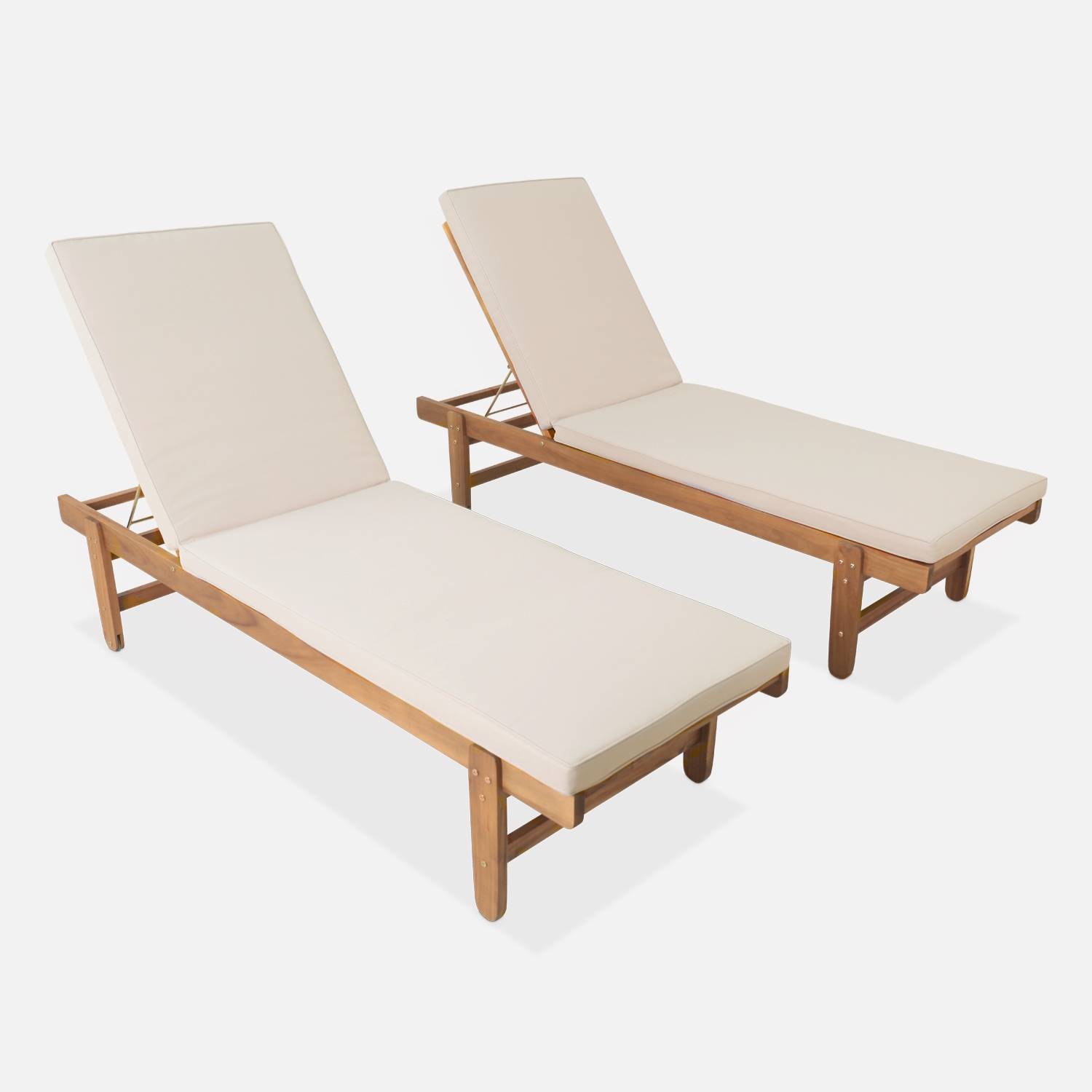 Pair of multi-position wooden sun loungers with wheels