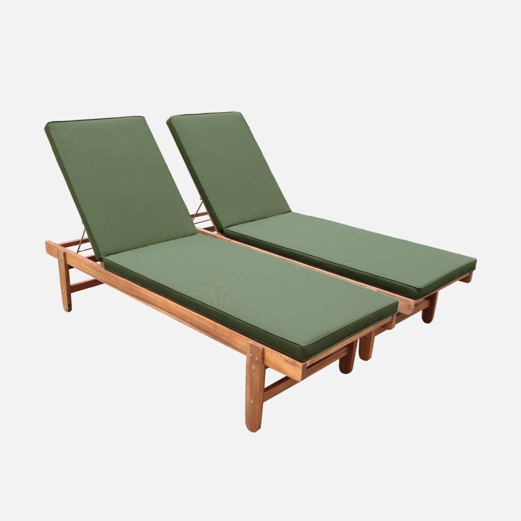 Pair of multi-position wooden sun loungers with wheels, Khaki Green