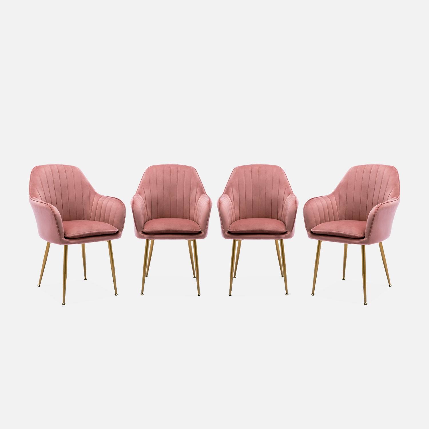 Lot de 4 fauteuils velours et pieds métal, vieux rose