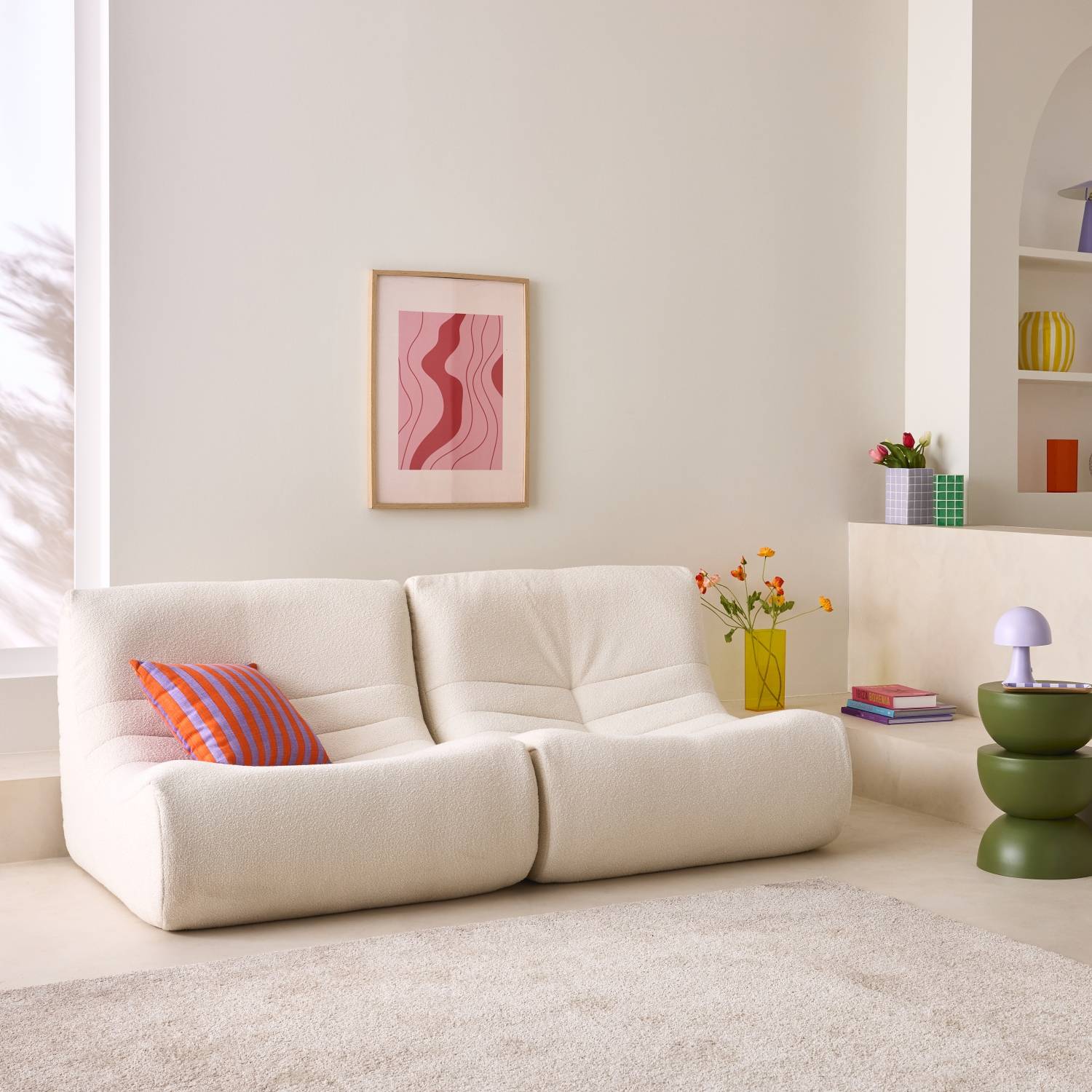 Pair of 1-seater armchairs in boucle fabric, White