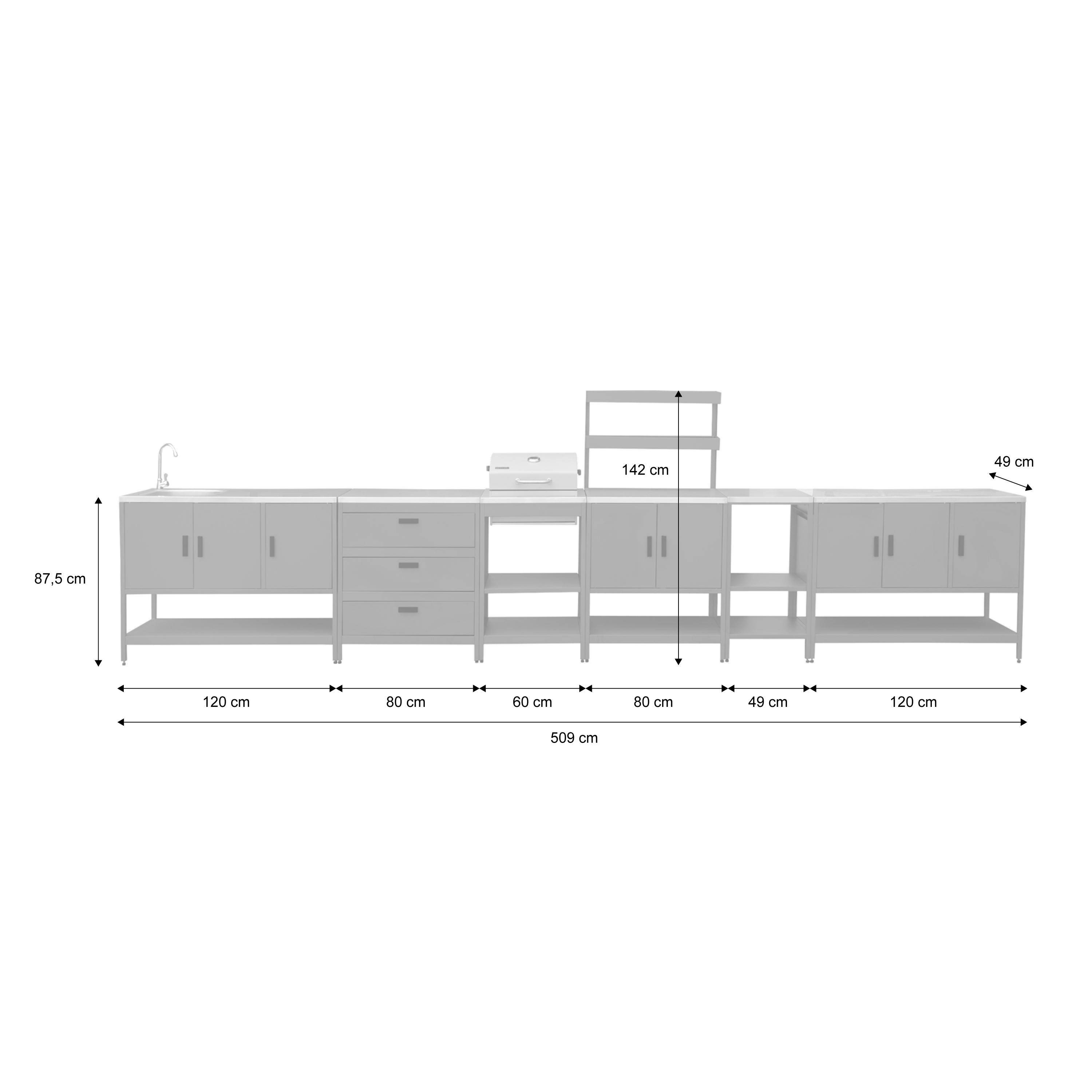Outdoor kitchen with charcoal barbecue and 5 modules with sink