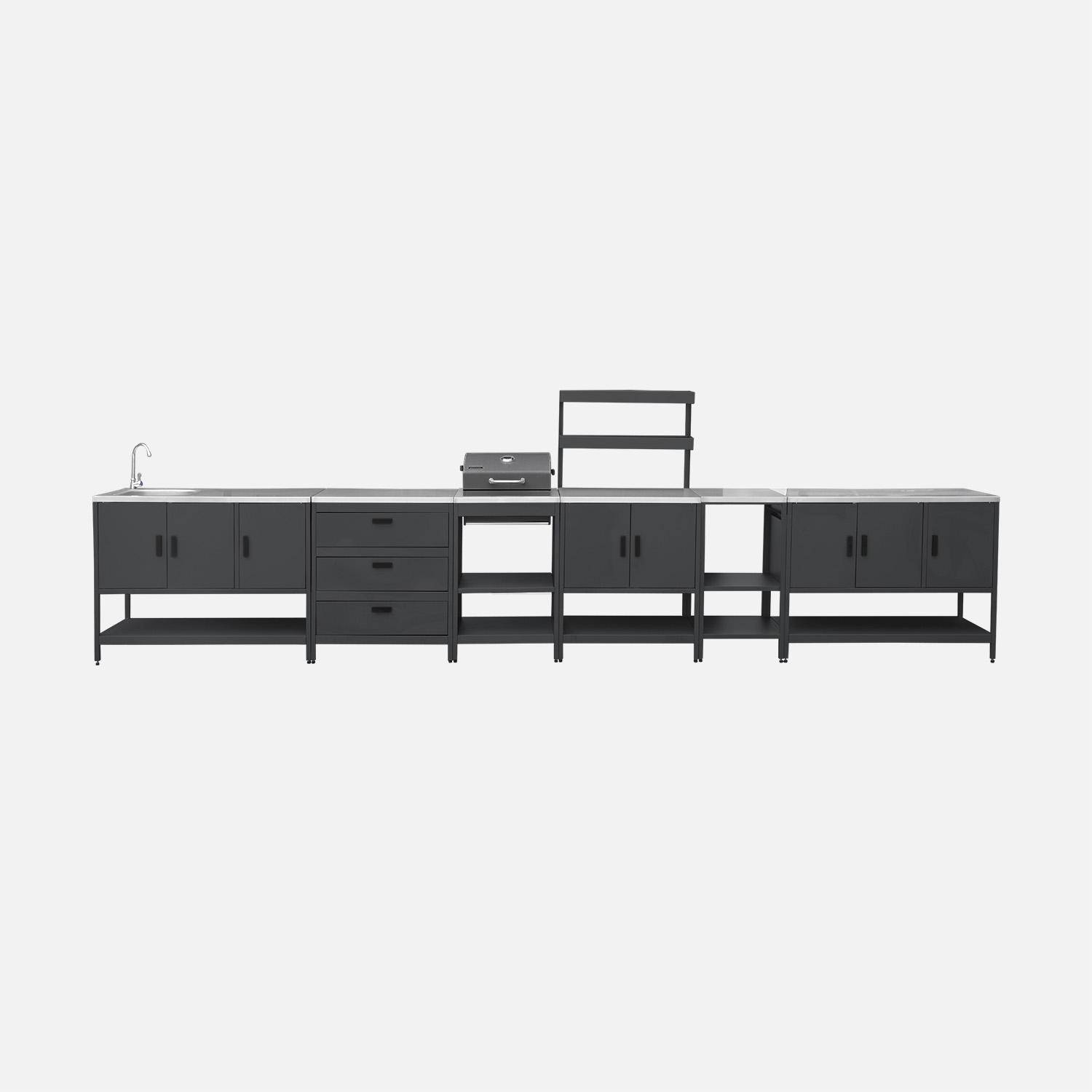 Outdoor kitchen with charcoal barbecue and 5 modules with sink