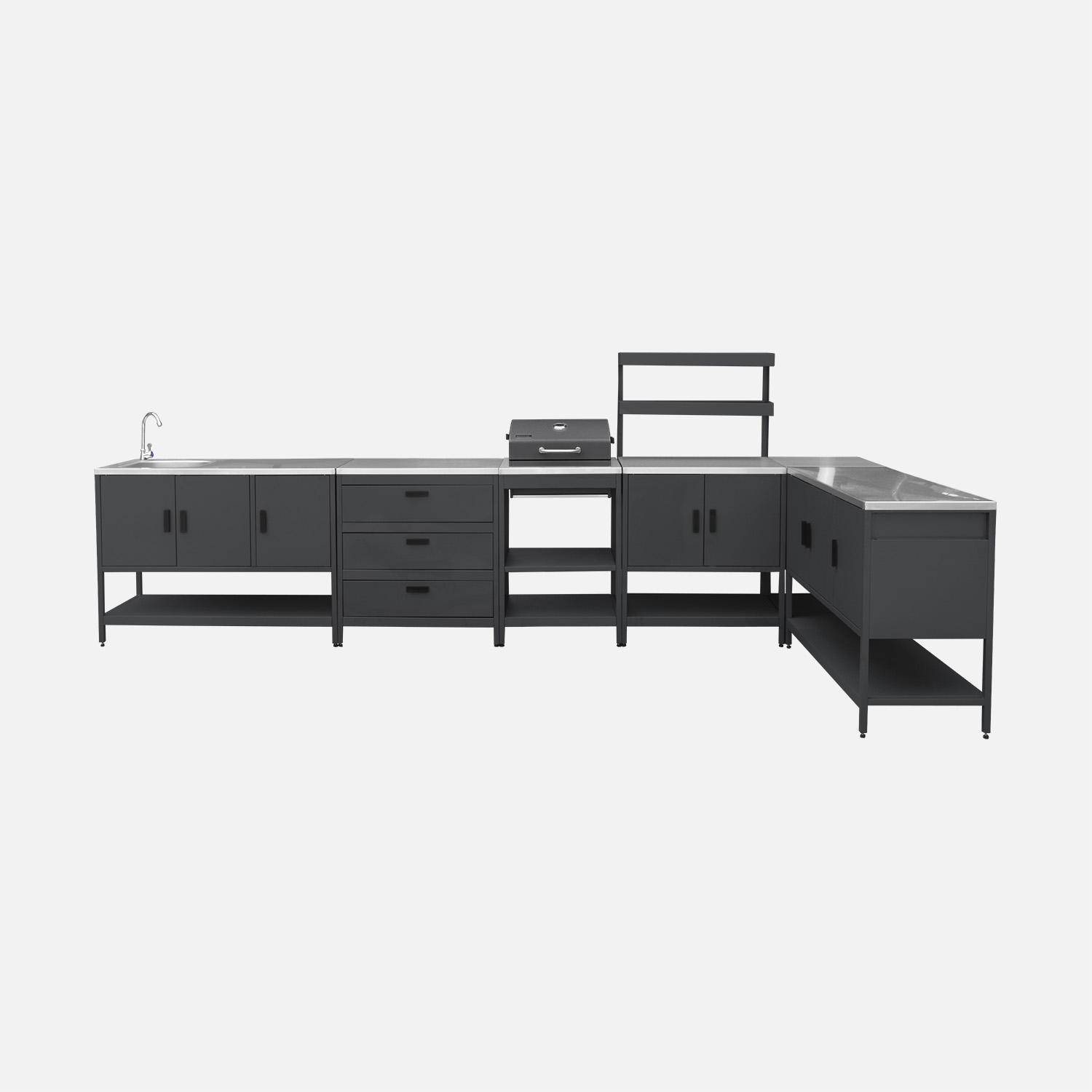 Outdoor kitchen with charcoal barbecue and 5 modules with sink