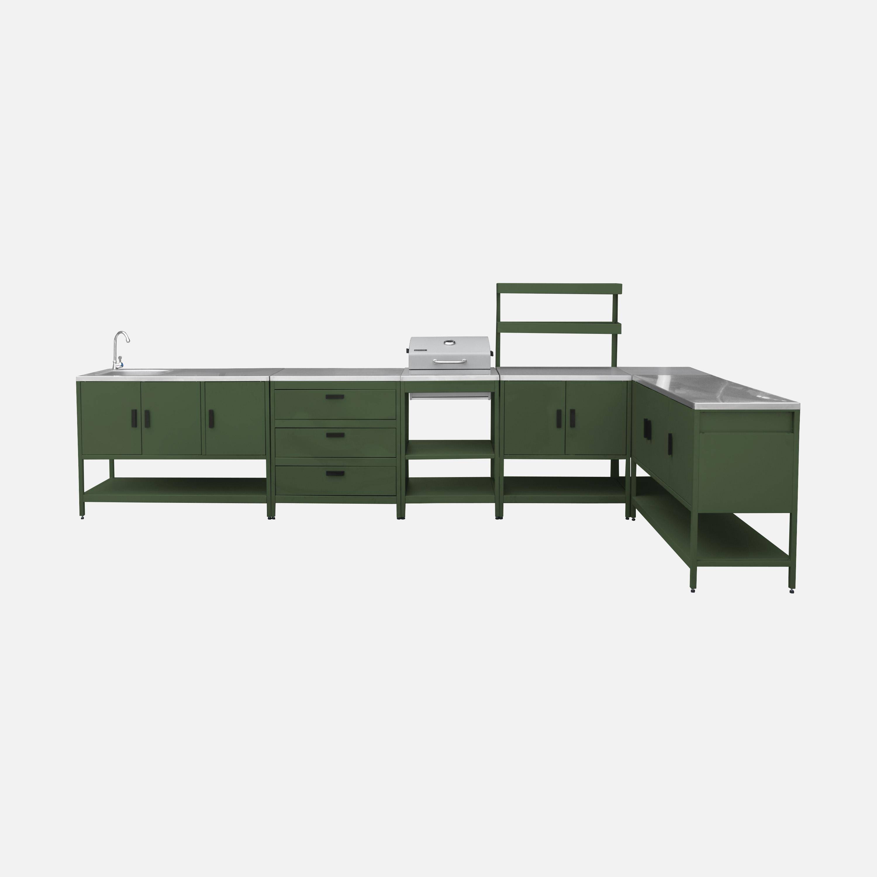 Buitenkeuken Naxos 6 modules met houtskoolbarbecue roestvrij staal groen Photo2