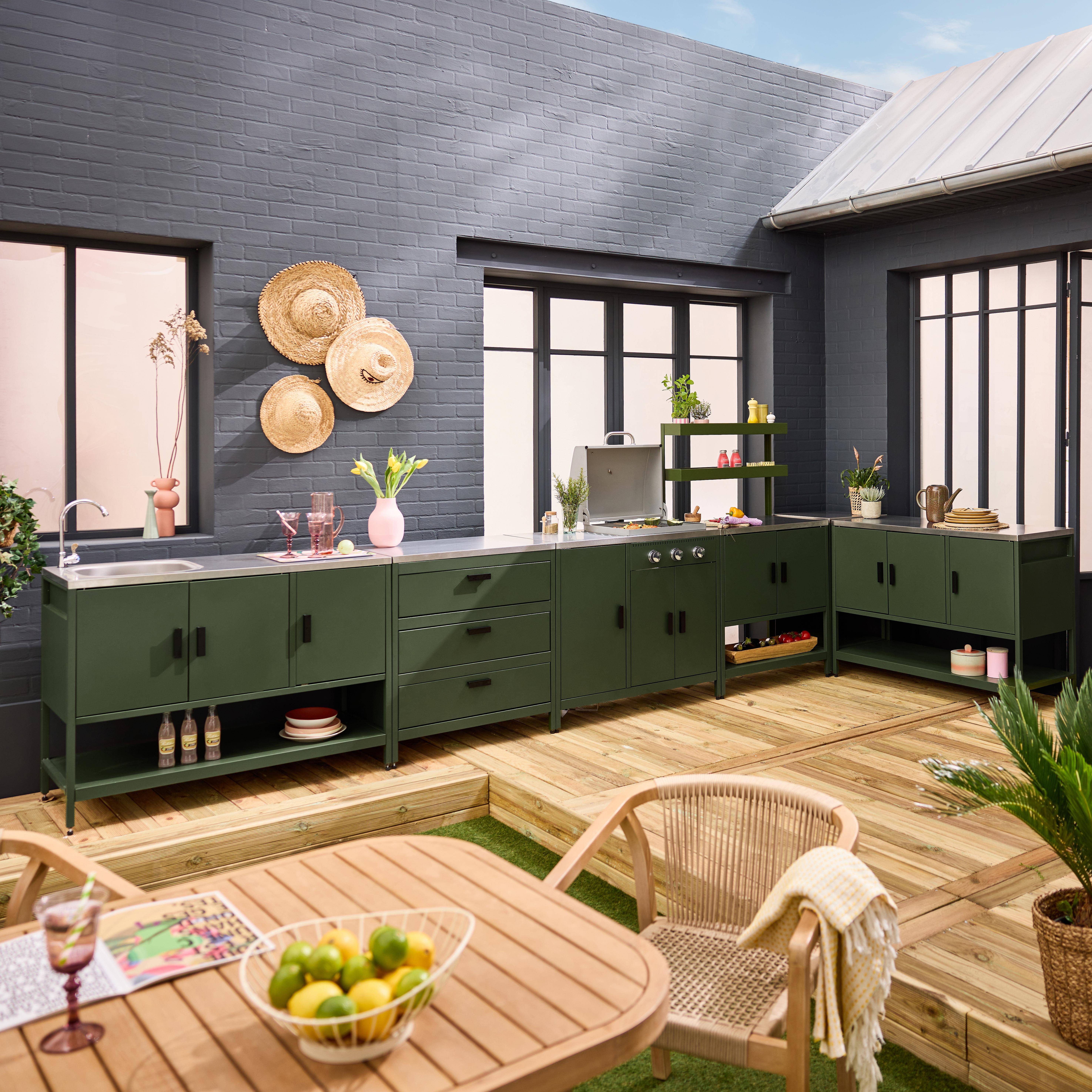 Cuisine extérieure 6 modules avec barbecue en acier inoxydable vert Photo1