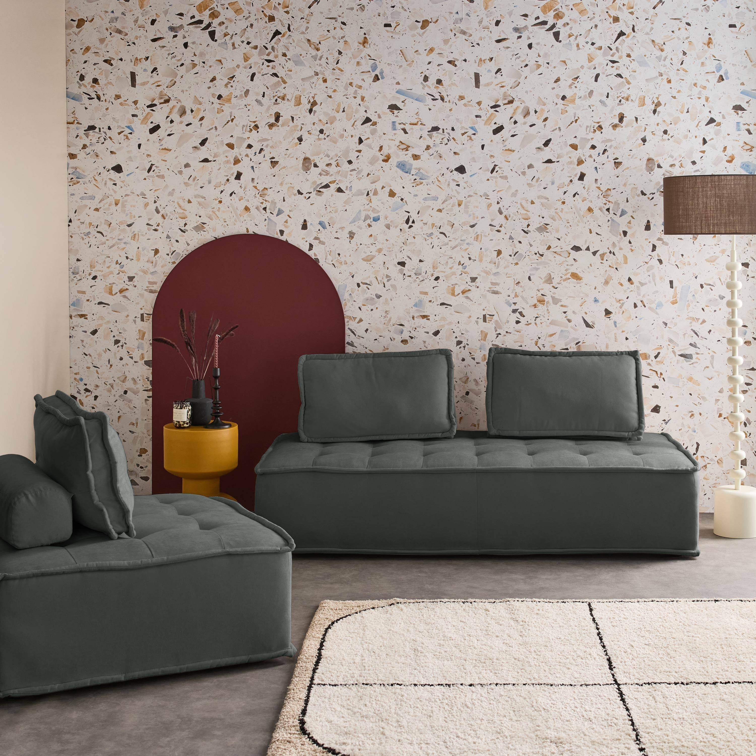 Set sofá modular de tela capitonada de 3 plazas, Dao, Gris oscuro, 180x90x78 cm Photo1