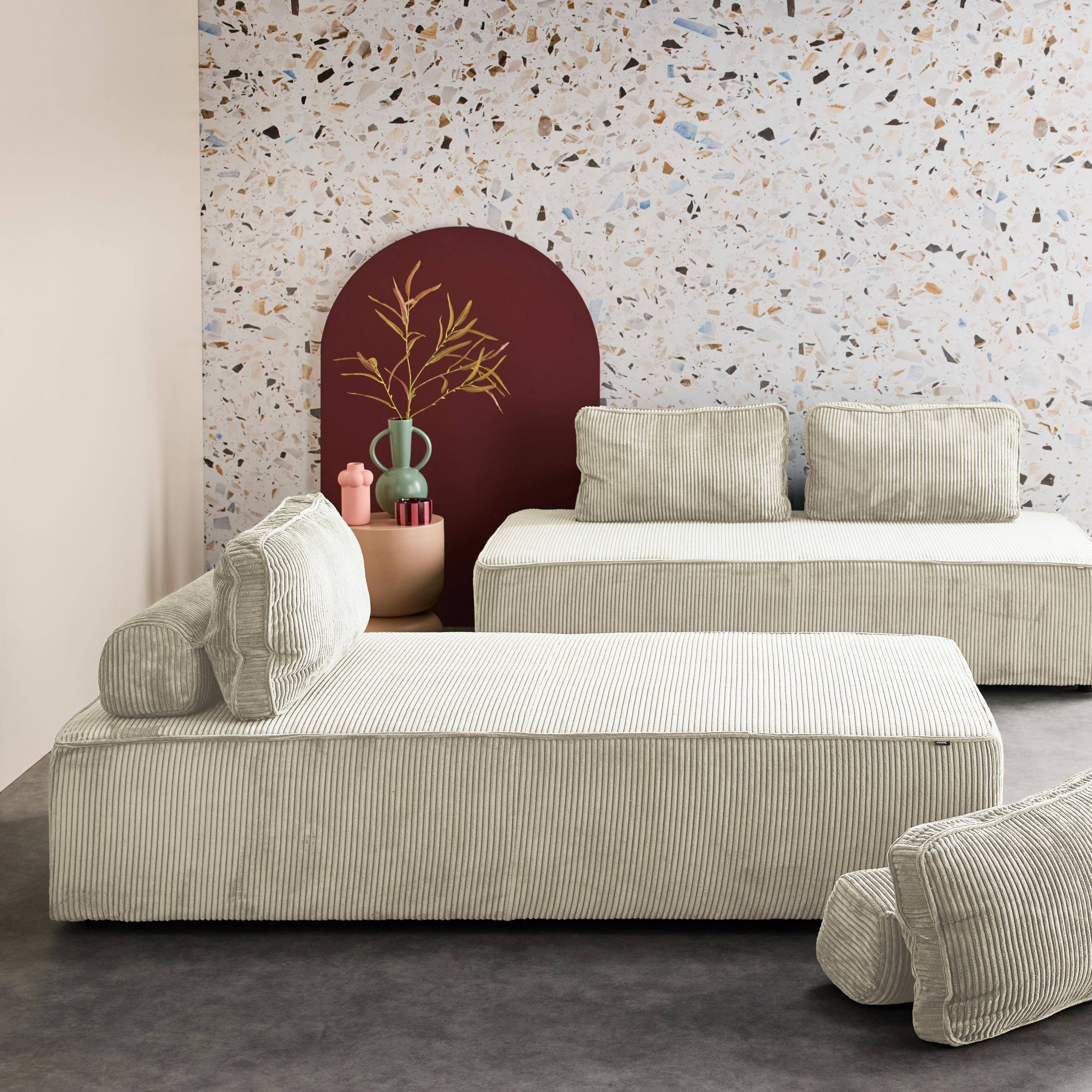 Lot de 2 chauffeuses LAO 2 places pour canapé modulable velours côtelé crème, L 180 x P 90 x H 78cm Photo2