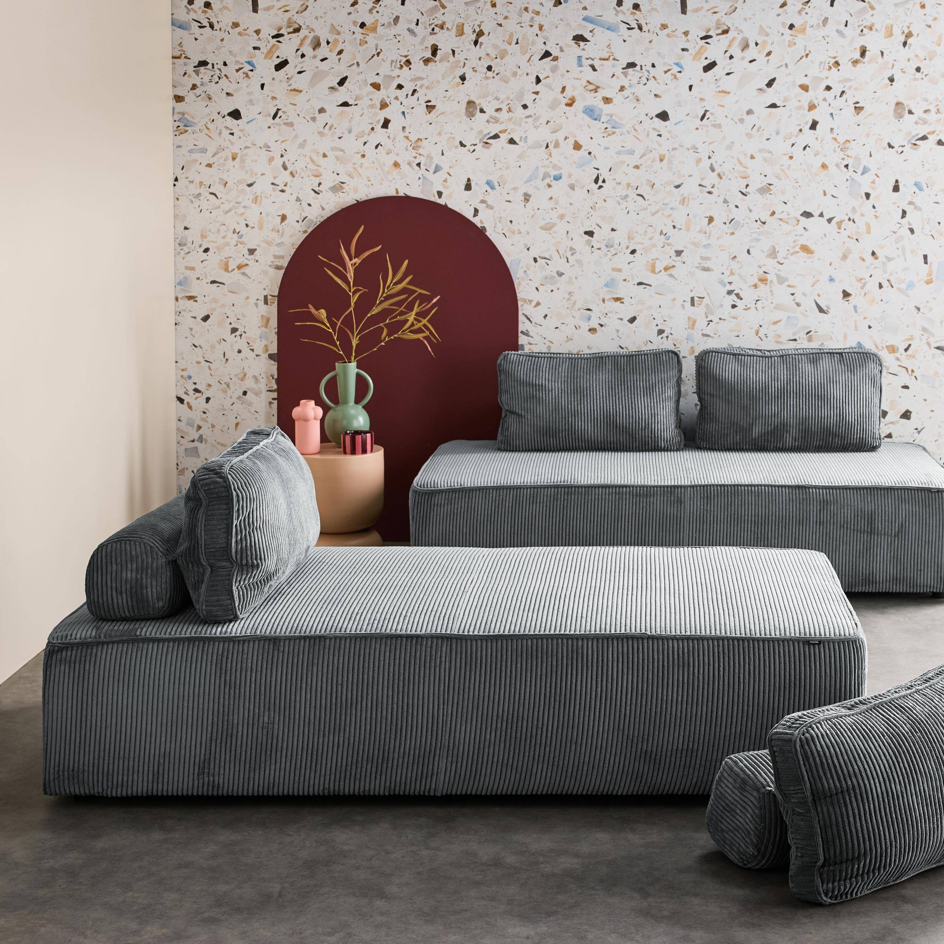Cadeira para sofá modular 2 lugares veludo canelado (Set de 2), Lao, Cinza escuro, 180x90x78 cm Photo1