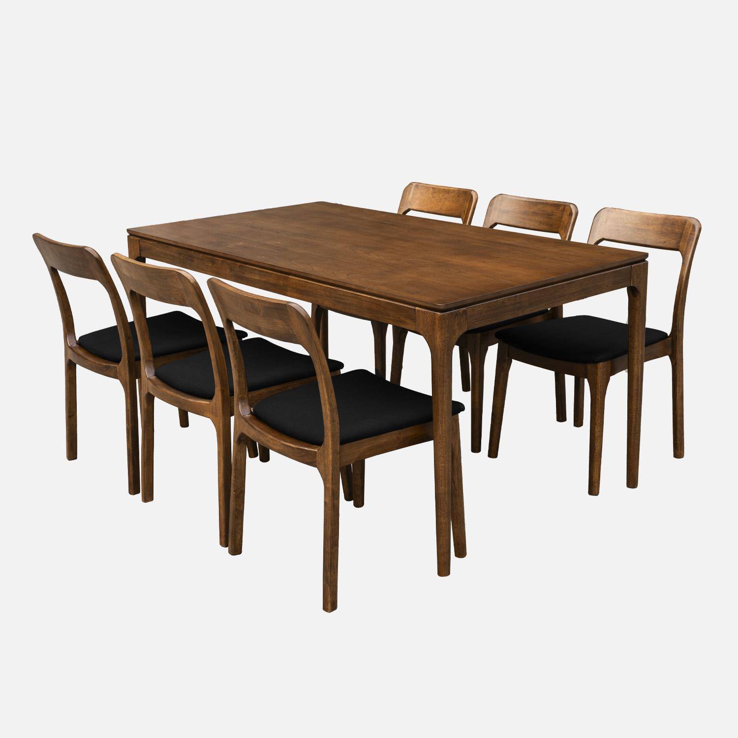 Table à manger ELENA rectangulaire en bois d'hévéa et placage frêne 160 cm, 6 chaises tissu noir, L 160 x P 90 x H 76cm Photo2