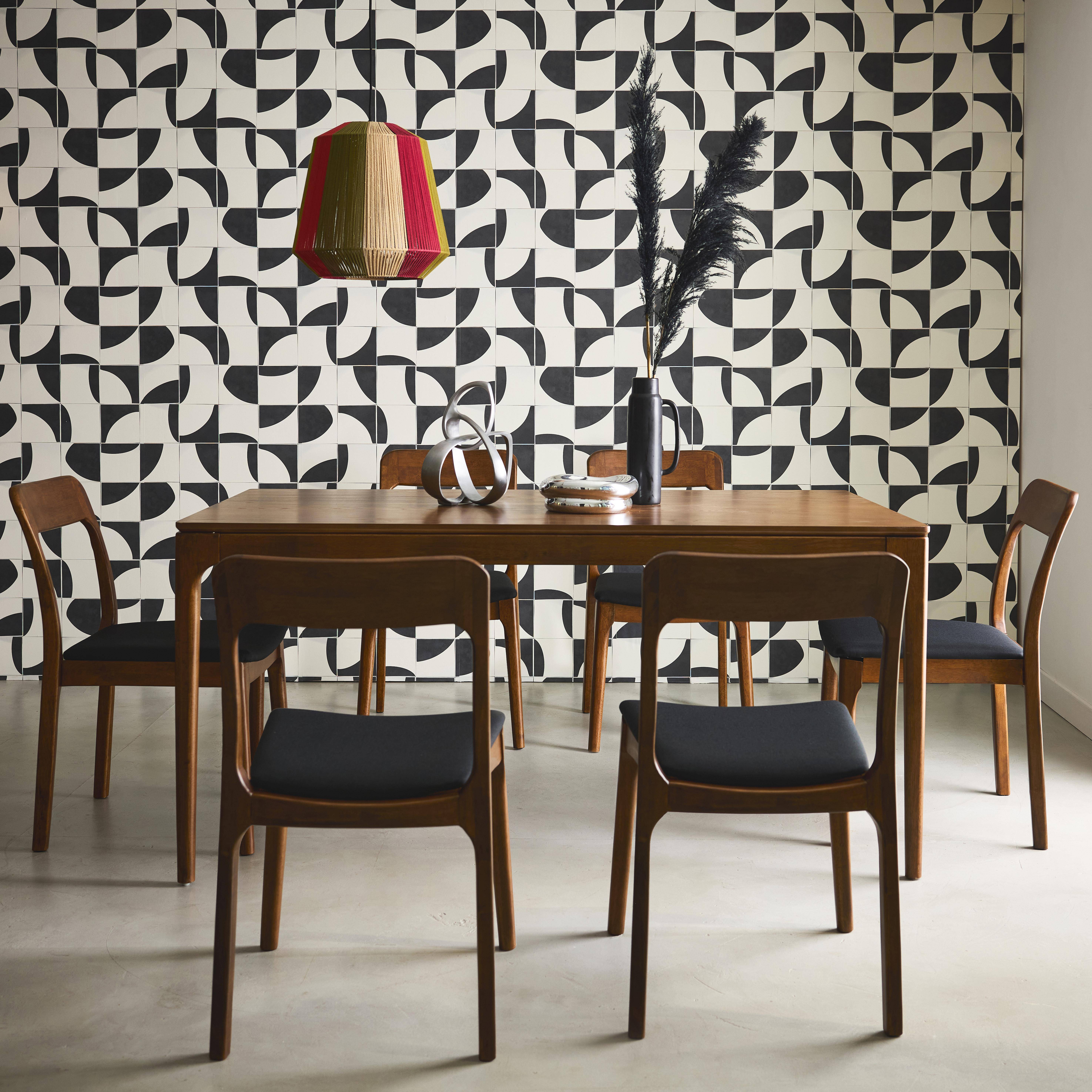 Table à manger ELENA rectangulaire en bois d'hévéa et placage frêne 160 cm, 6 chaises tissu noir, L 160 x P 90 x H 76cm Photo1