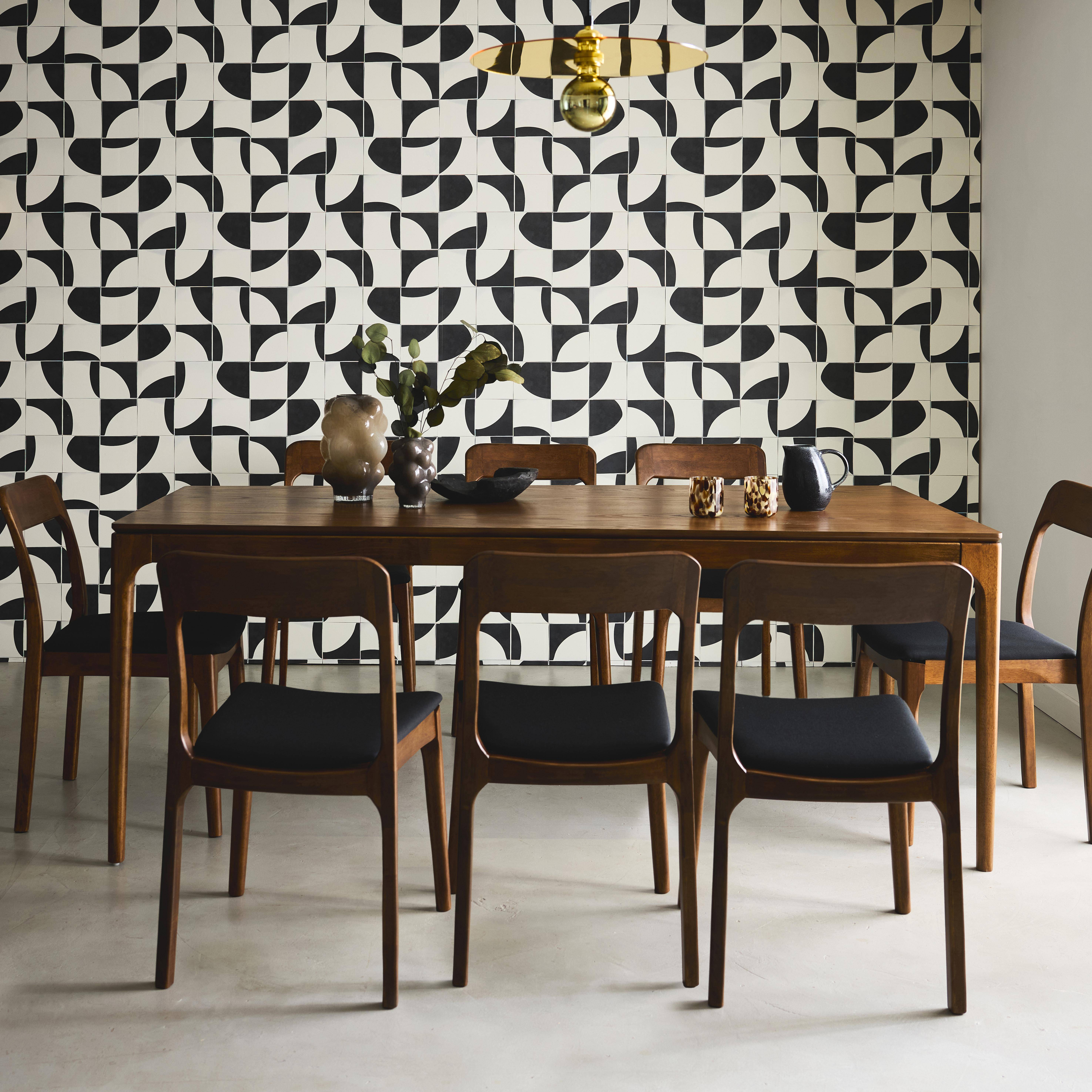 Table à manger ELENA rectangulaire en bois d'hévéa et placage frêne 200 cm, 8 chaises tissu noir, L 200 x P 90 x H 76cm,sweeek,Photo1