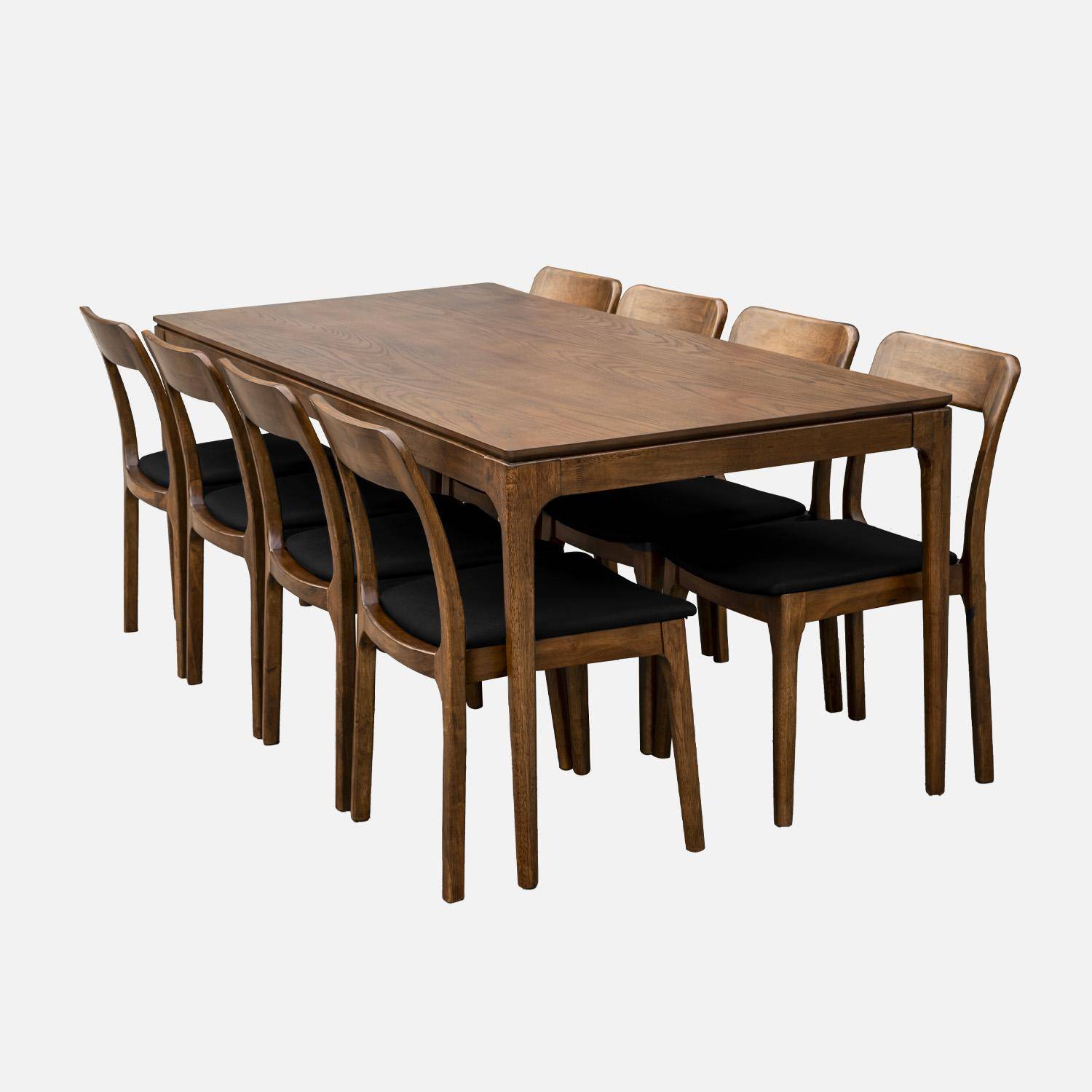Table à manger ELENA rectangulaire en bois d'hévéa et placage frêne 200 cm, 8 chaises tissu noir, L 200 x P 90 x H 76cm Photo2