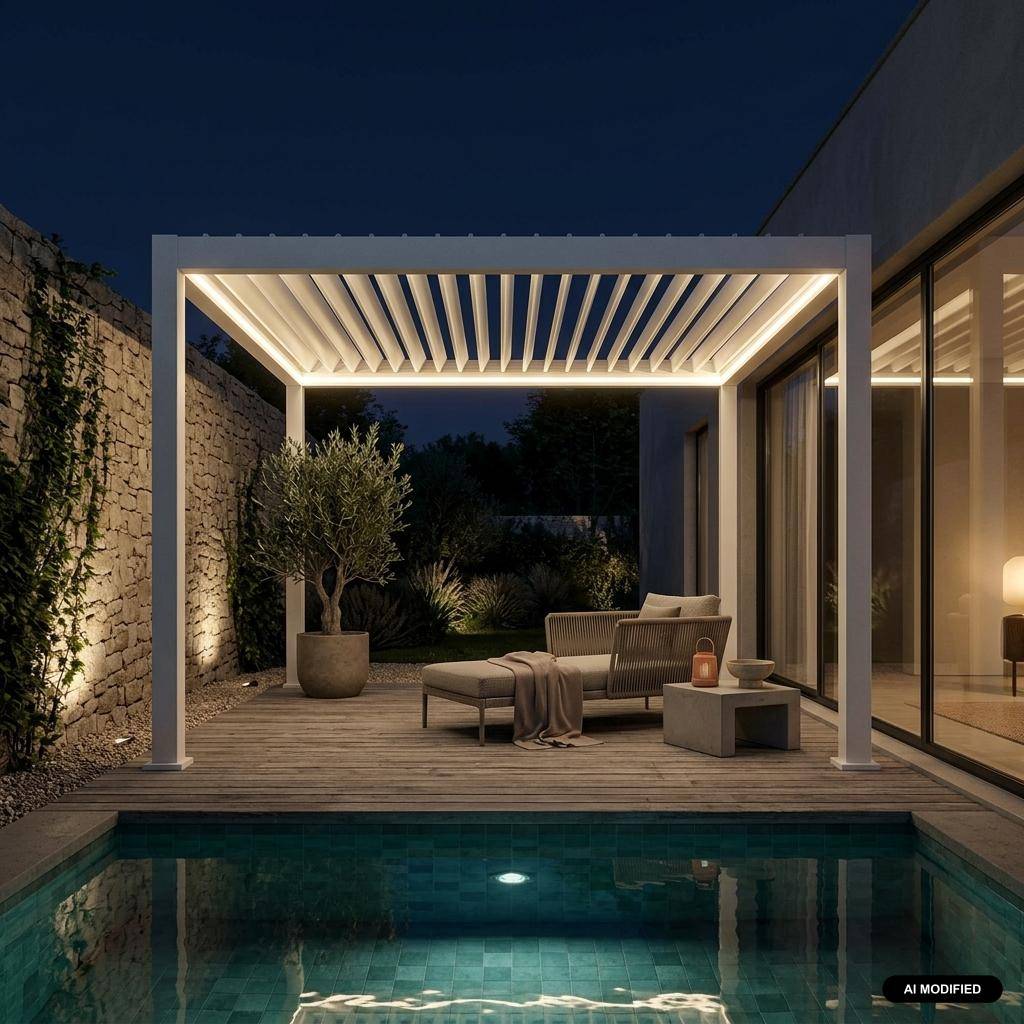 Bioklimatyczna pergola 3x3m sterowana elektrycznie, aluminiowa, z regulowanymi listwami i oświetleniem LED - Biała Photo1