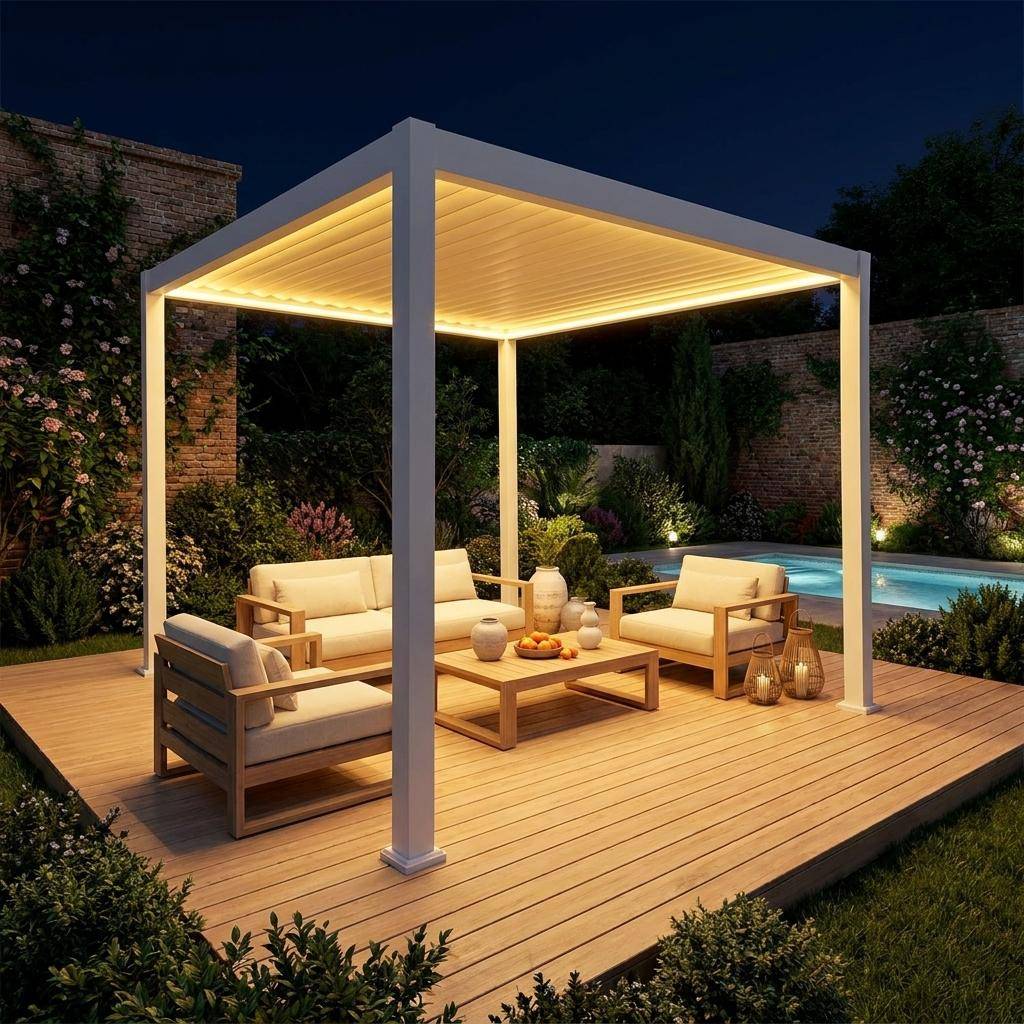Pergola bioclimatica 3x3m elettrica in alluminio con illuminazione LED Bianco - 291x301x250 cm Photo1