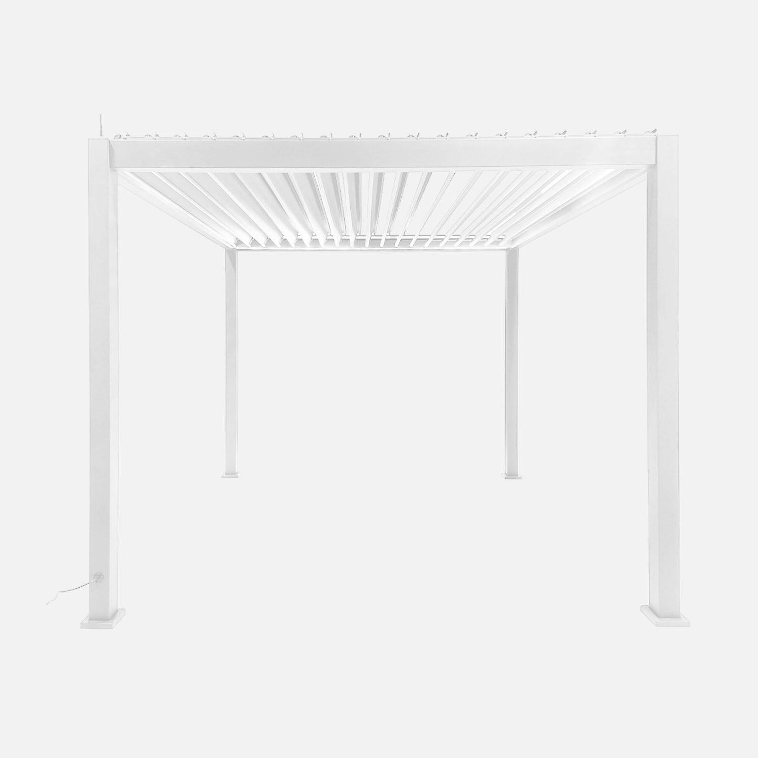 Pergola Bioclimatique électrique 3x3m blanc, aluminium, à lames orientables avec éclairage LED  Photo2