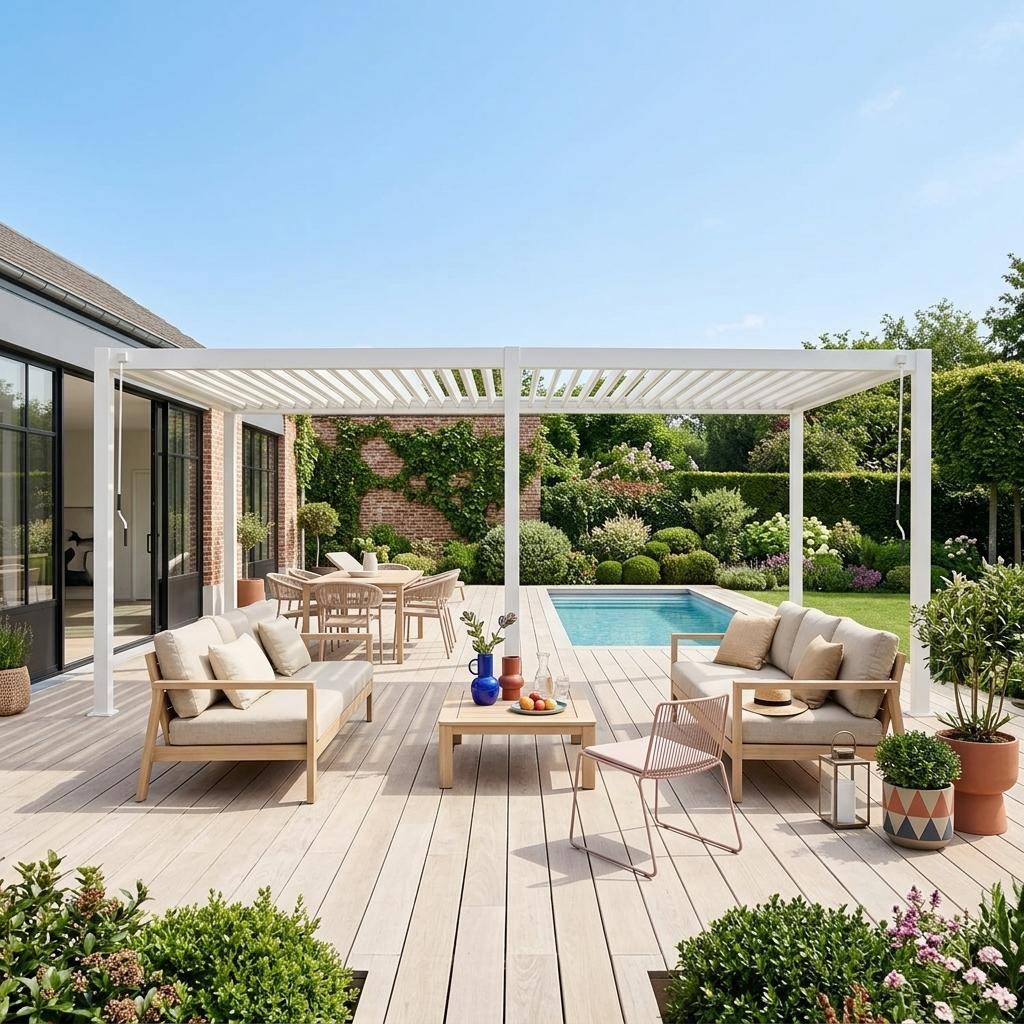 Pergola met lamellendak 6x3m aluminium verstelbare lamellen wit 591 x 301 x 257 cm - Triomphe Photo1