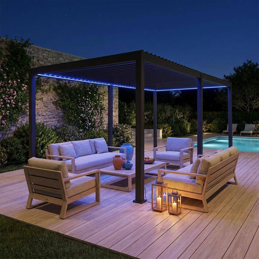 Pergola bioclimatica 3x6m elettrica in alluminio con illuminazione a LED Antracite - 591x301x250 cm,sweeek,Photo1