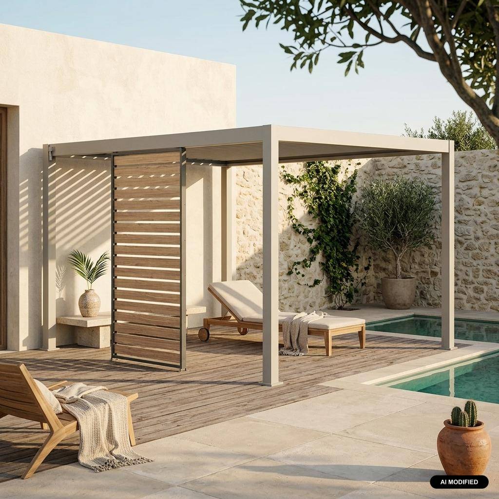 Persiana de alumínio horizontal 1.3m com efeito madeira para pérgola bioclimática, Triomphe persiana 1.3m, Antracite, 123.5x6x236 cm Photo1