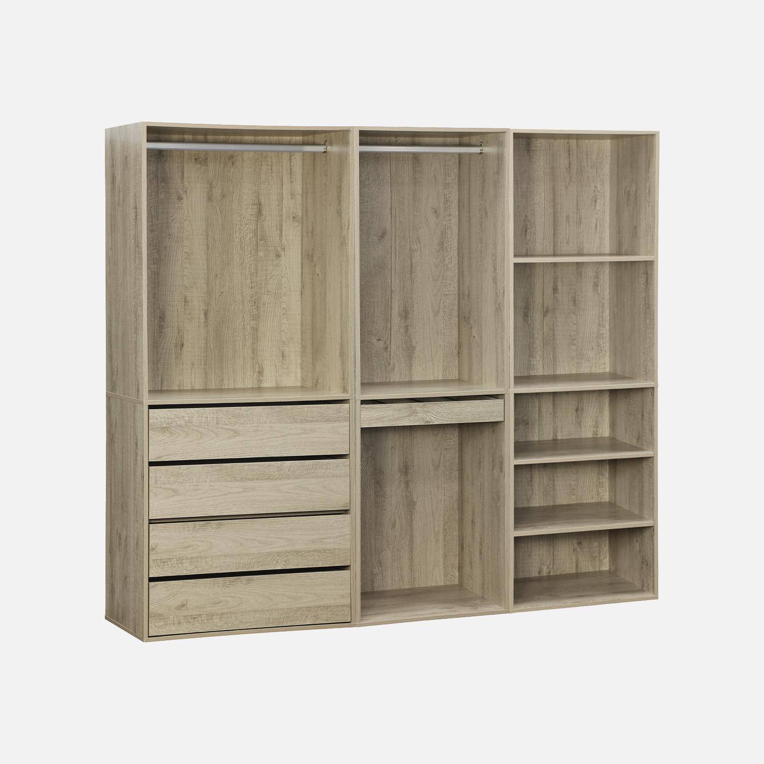 Modulares Kleiderschrank-Set mit 3 Elementen, Regalen, Schubladen, Kleiderstangen, Hosenhalter, Naturfarben. 200 x 45 x 180 cm - Modulo,sweeek,Photo2
